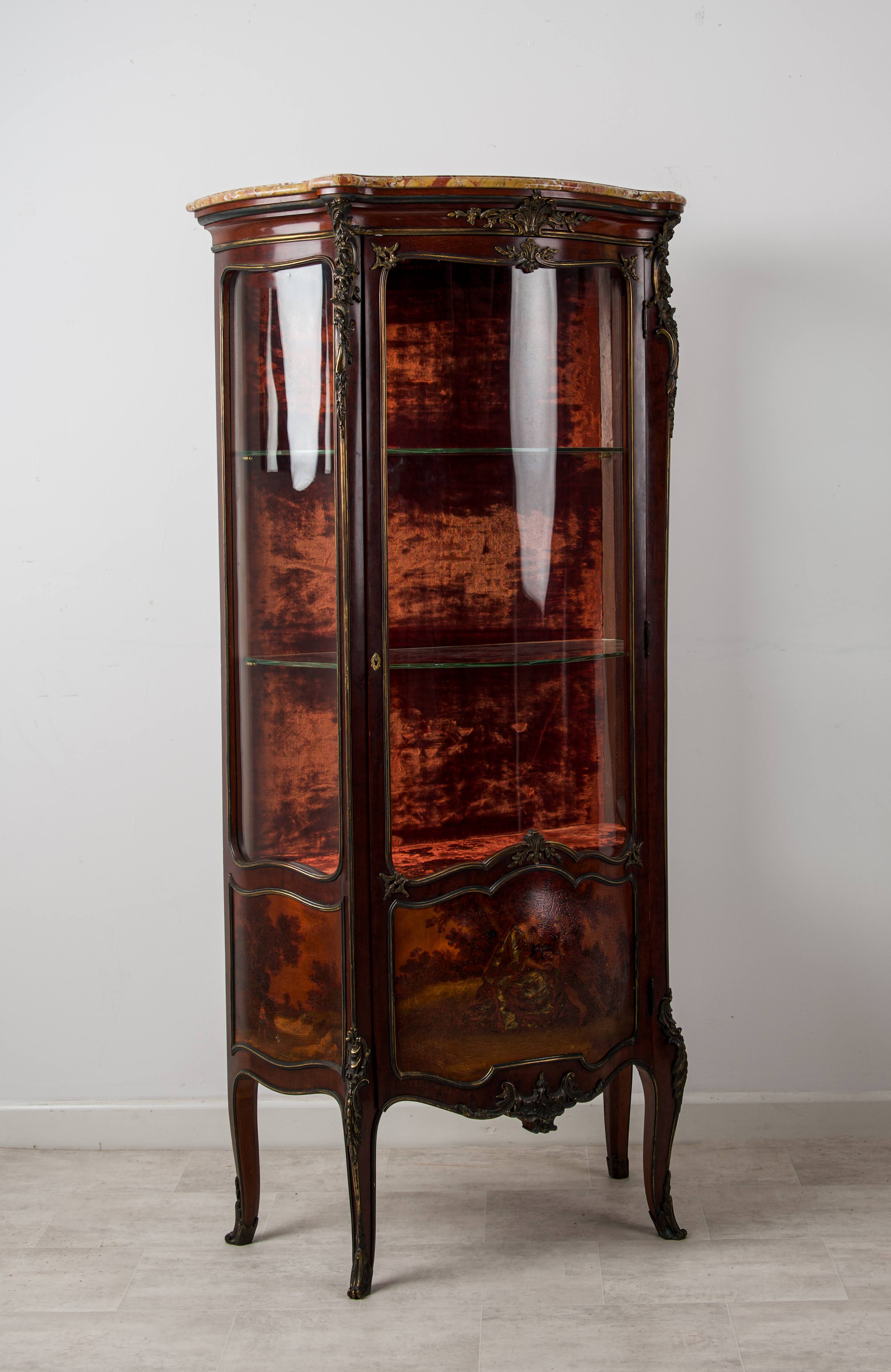19th-Century French Vernis Martin Vitrine Cabinet with Marble Top - In the Manner of François Linke