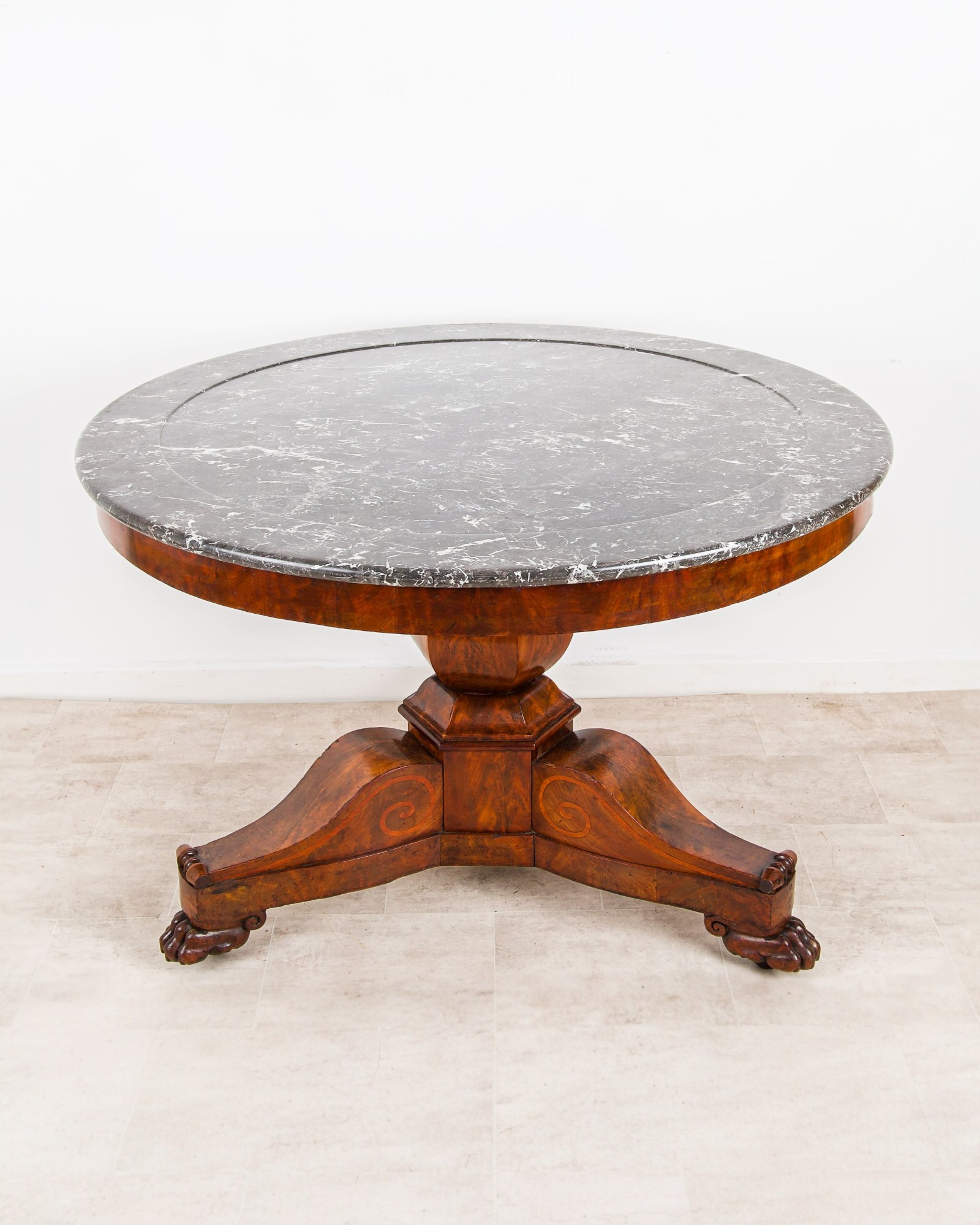 Antique Mahogany Centre Table with Marble Top - Large Round Pedestal Dining / Centre Table