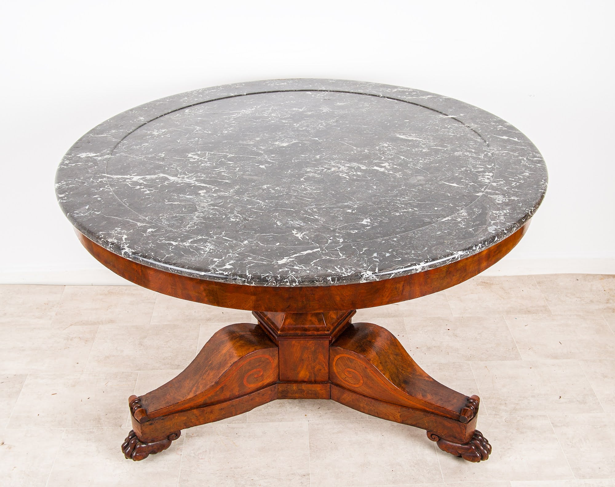 Antique Mahogany Centre Table with Marble Top - Large Round Pedestal Dining / Centre Table