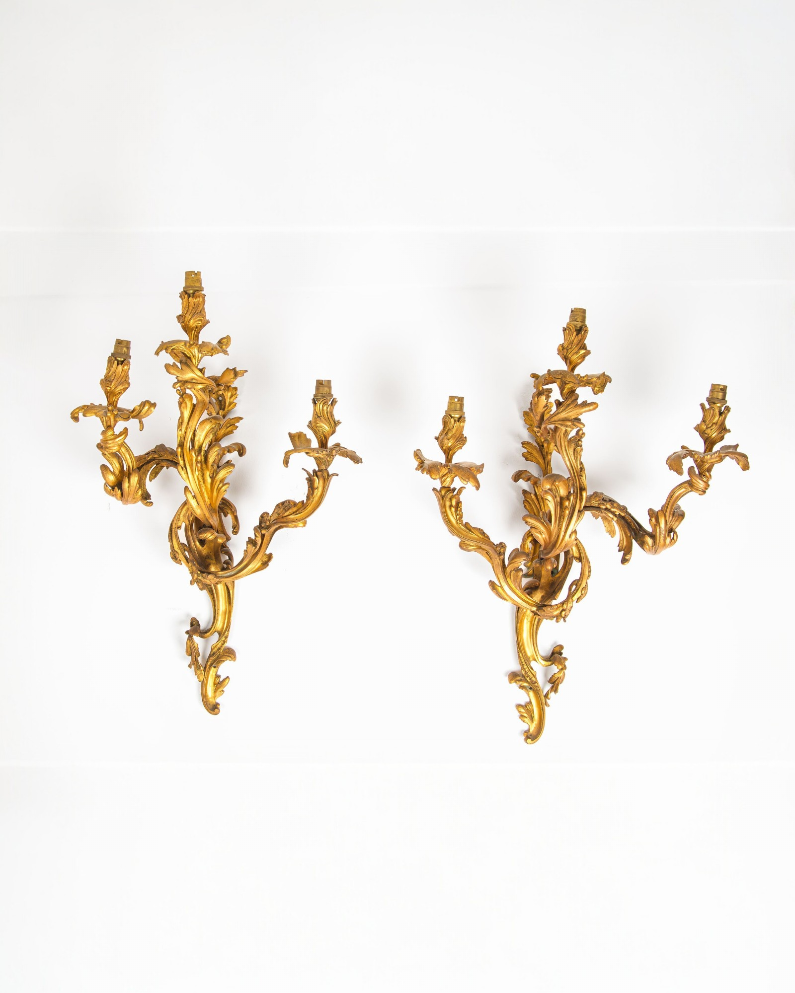 A Fantastic Large Pair Antique French Ormolu Three-Branch Wall Lights, circa 1880
