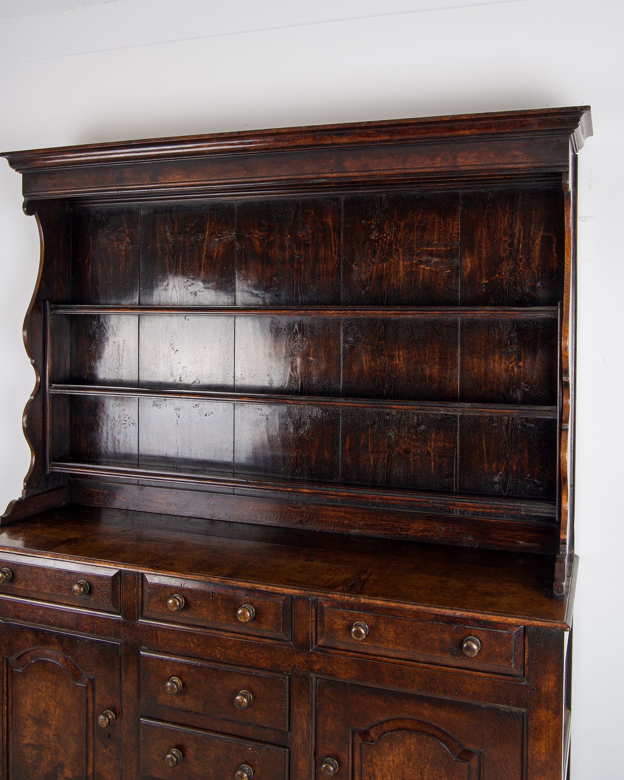 Antique Edwardian Oak Dresser Upper Plate Rack Section with Shaped Cornice c.1910 - Hawkins Antiques