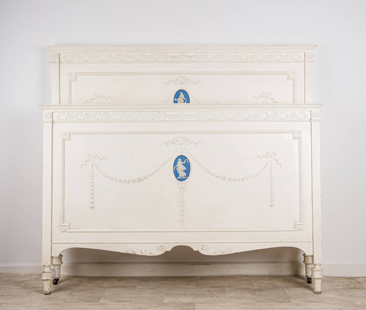 Antique French painted double bed frame with Wedgwood Jasper style plaques