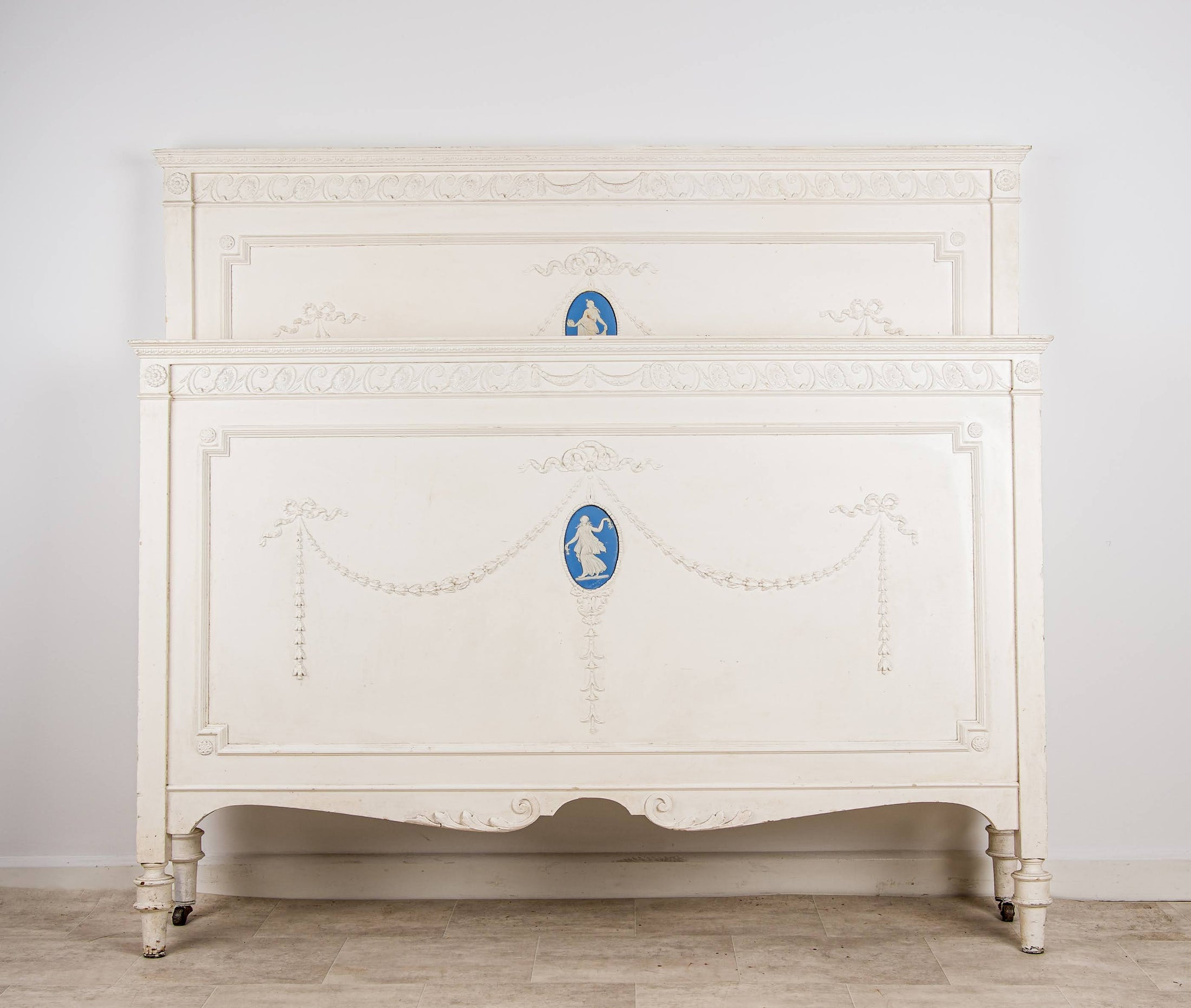 Antique French Painted Double Bed Frame With Side Irons Wedgwood Jasper Plaque Style Bedstead