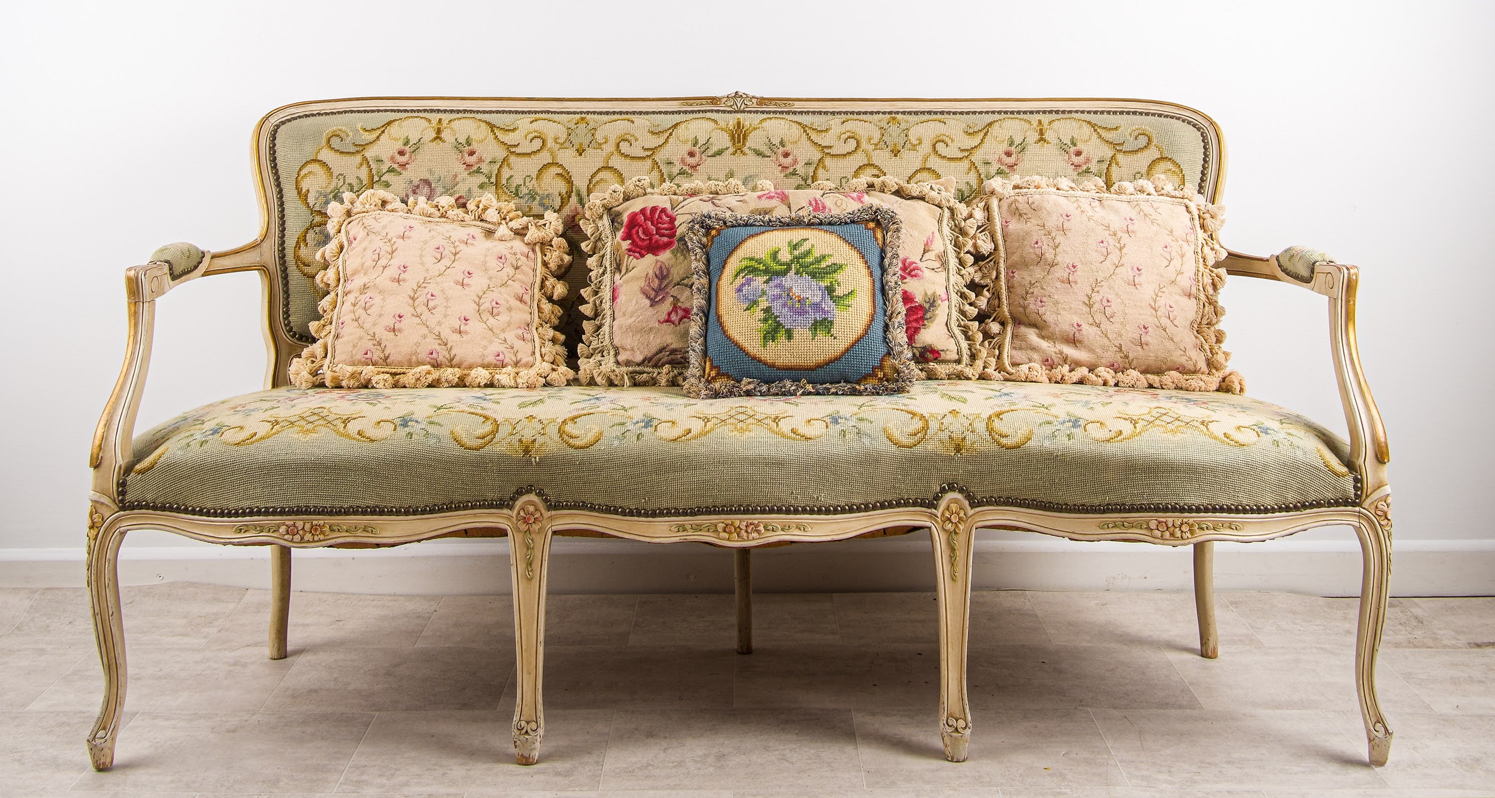 Antique French Painted Louis XV Style Settee Sofa with Floral Needlepoint Upholstery c.1 — Hawkins Antiques