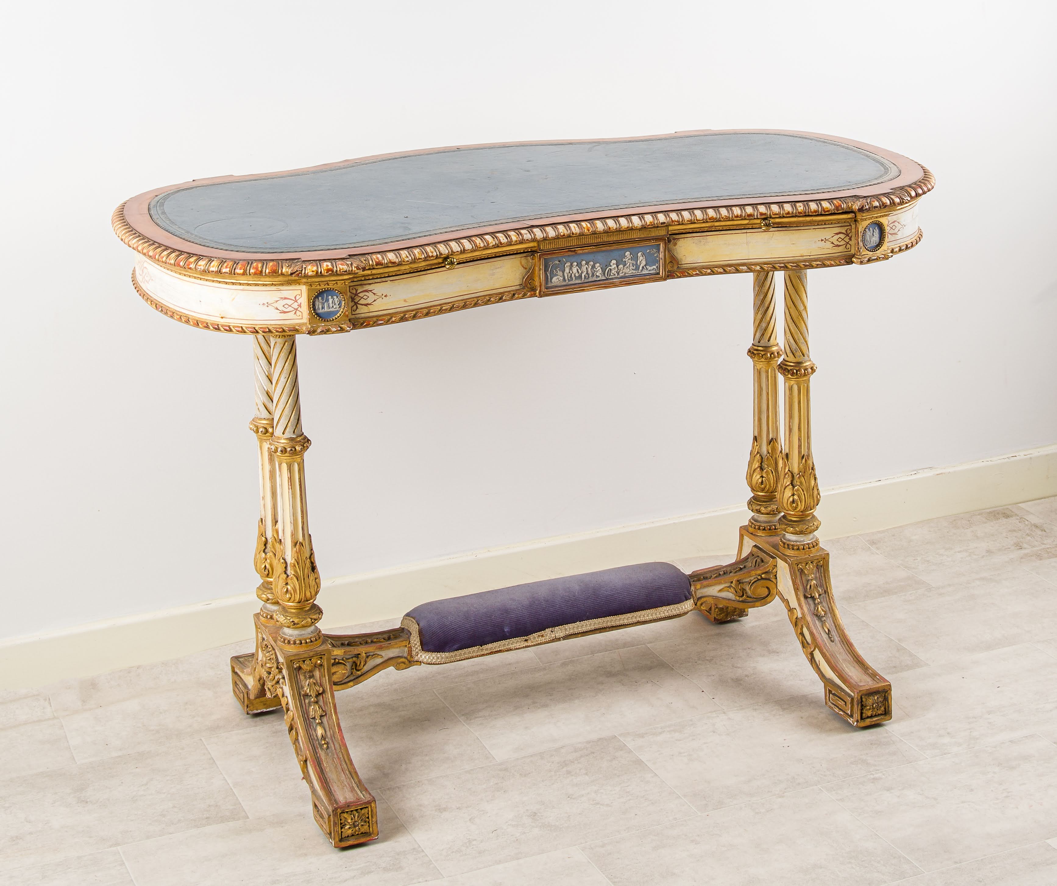 Exceptional 19th Century Kidney-Shaped Writing Table with Original Painted Decoration, Giltwood & Wedgwood Plaques