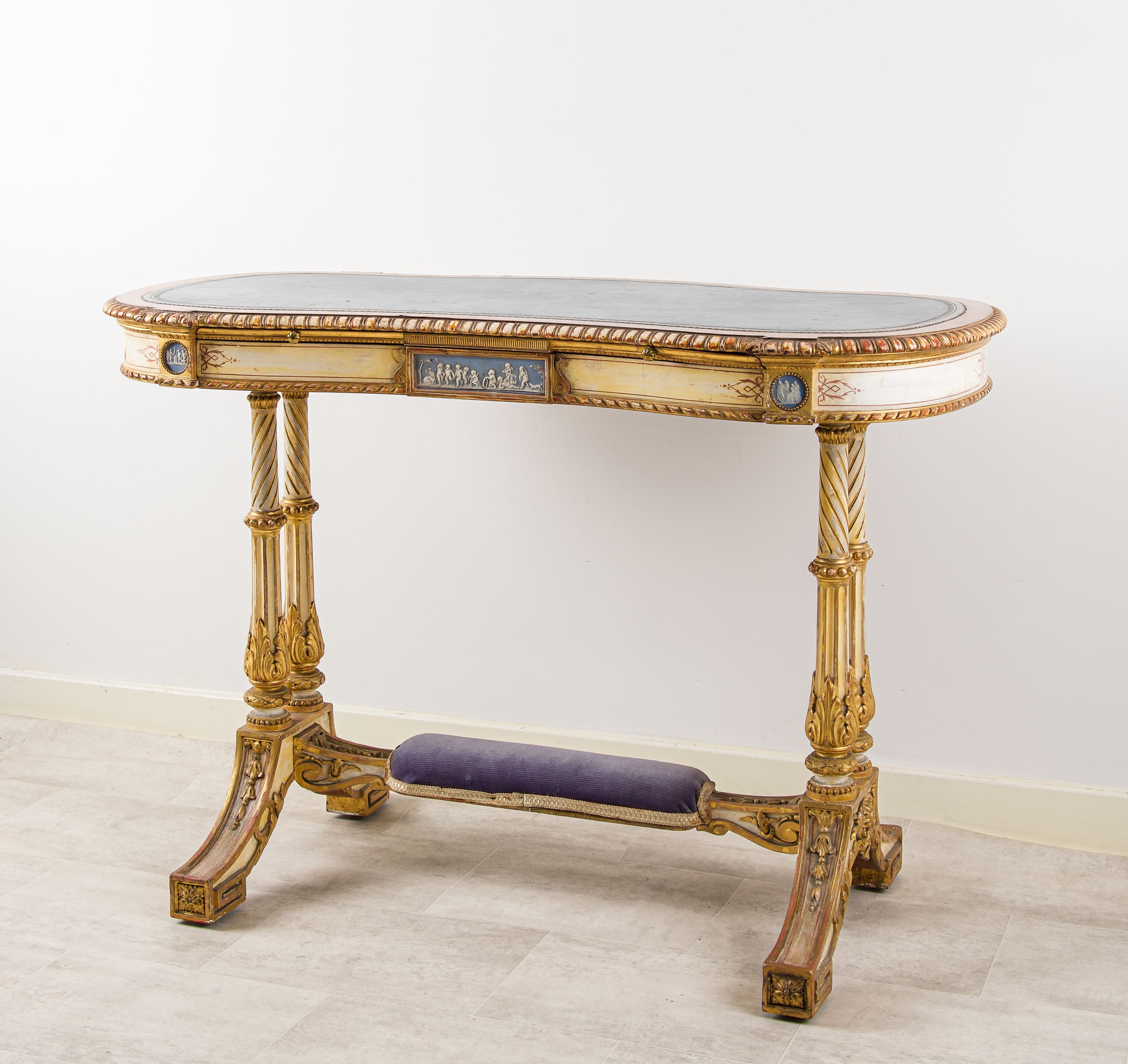 Exceptional 19th Century Kidney-Shaped Writing Table with Original Painted Decoration, Giltwood & Wedgwood Plaques