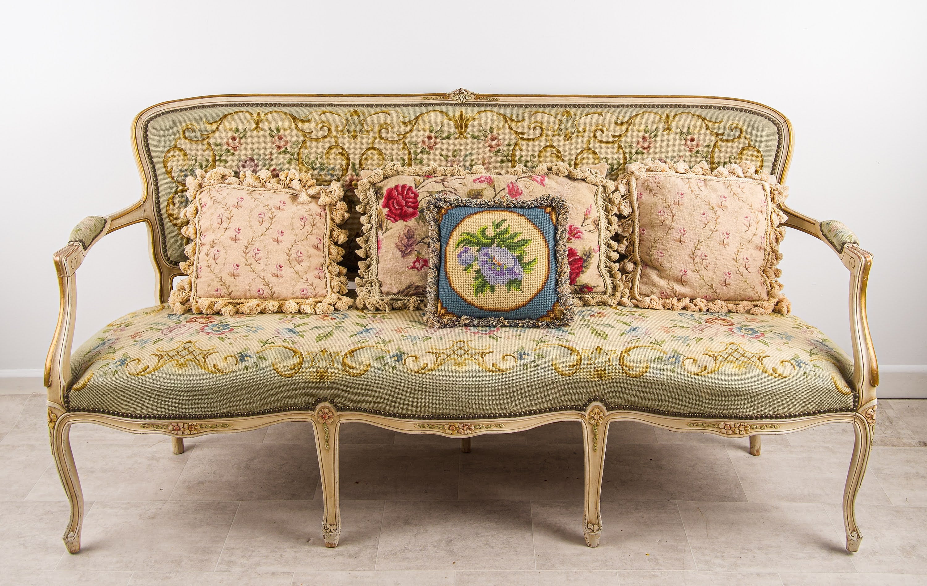 Antique French Painted Louis XV Style Settee Sofa with Floral Needlepoint Upholstery c.1900