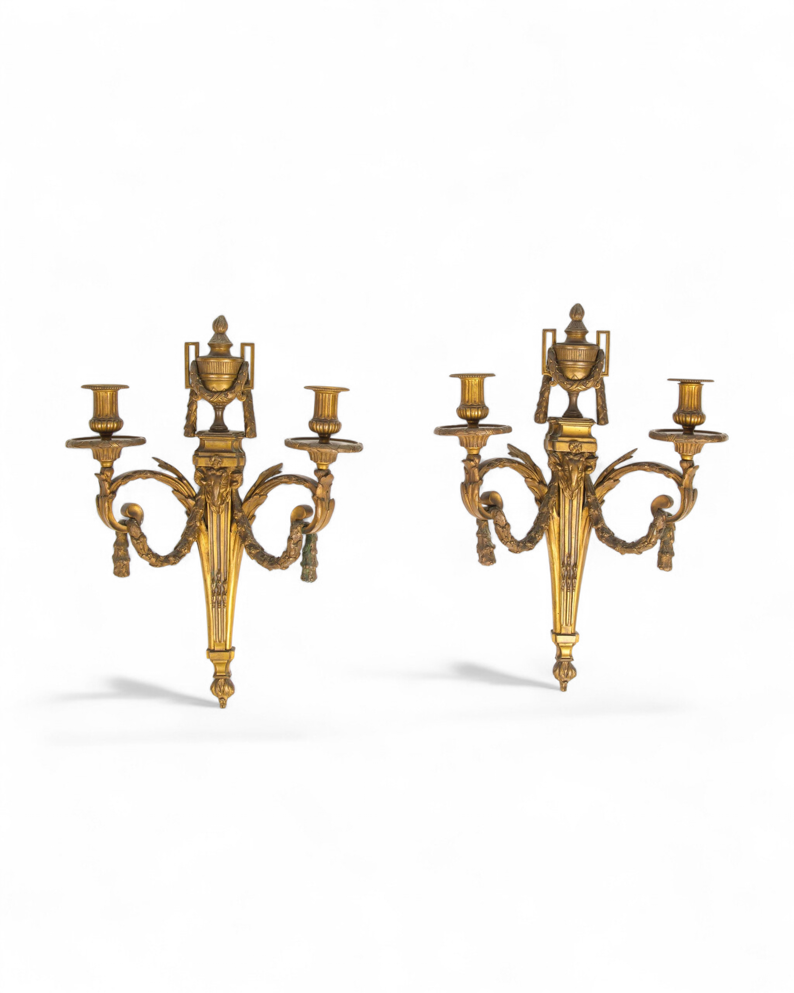 Pair of Antique French Gilt Bronze Wall Sconces with Ram’s Head Masks, Louis XVI Style Ormolu Wall Lights c.19th Century