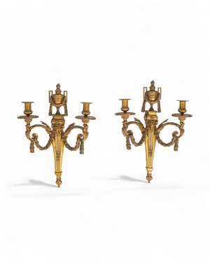Pair of Antique French Gilt Bronze Wall Sconces with Ram’s Head Masks, Louis XVI Style O — Hawkins Antiques