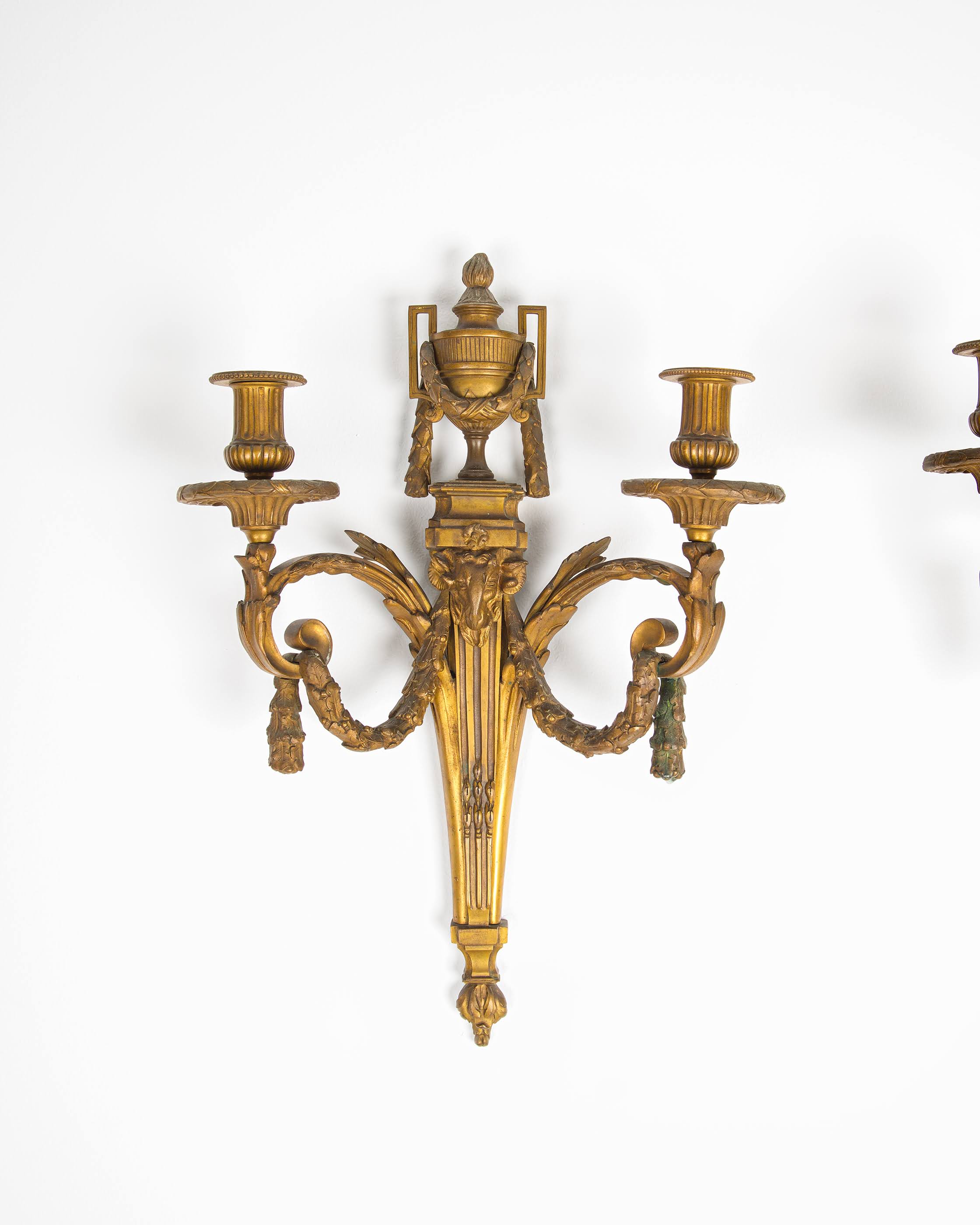 Pair of Antique French Gilt Bronze Wall Sconces with Ram’s Head Masks, Louis XVI Style Ormolu Wall Lights c.19th Century