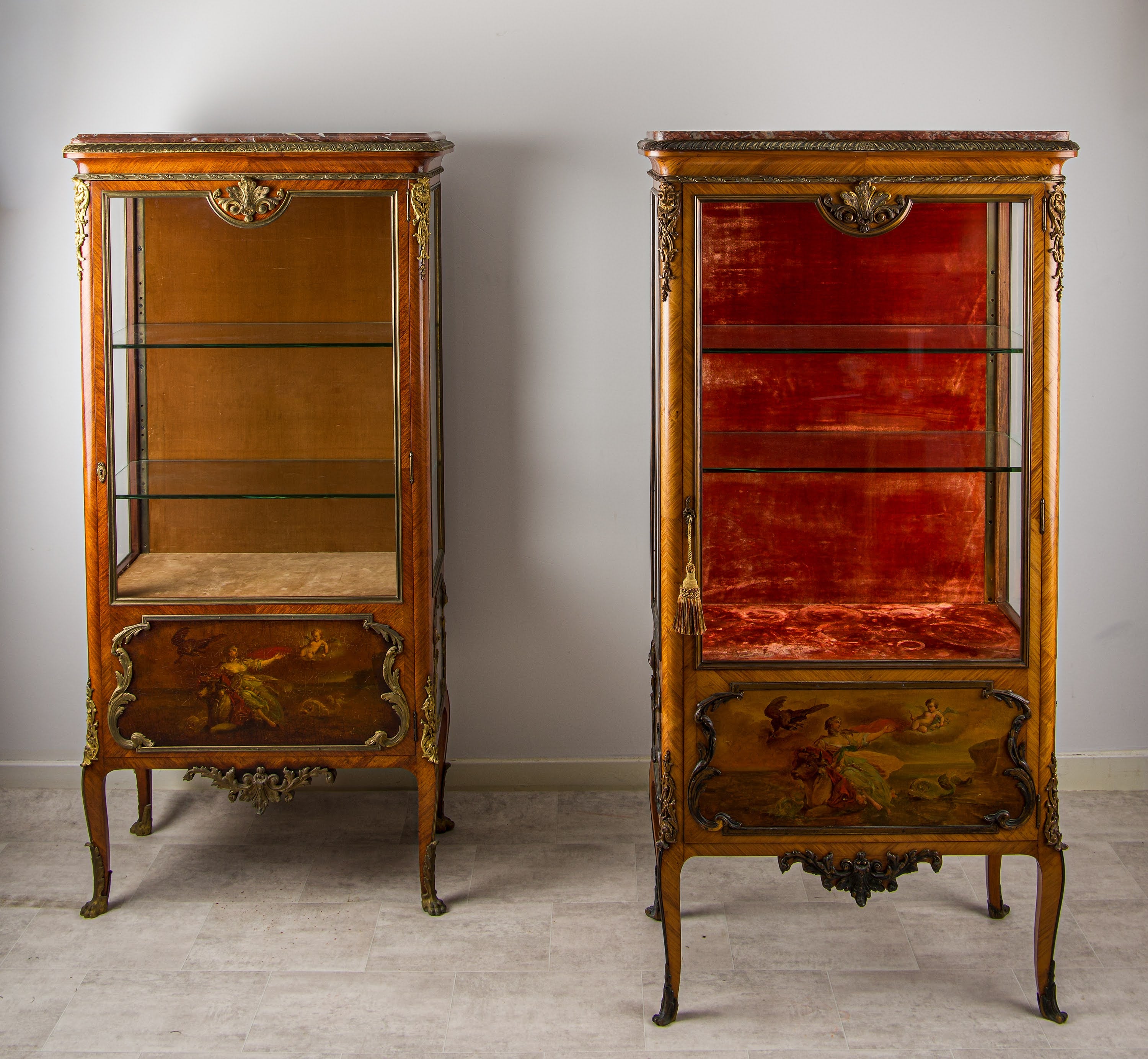 Pair of Matched French Kingwood Vernis Martin Vitrine Cabinets with Marble Tops & Ormolu, c.1880