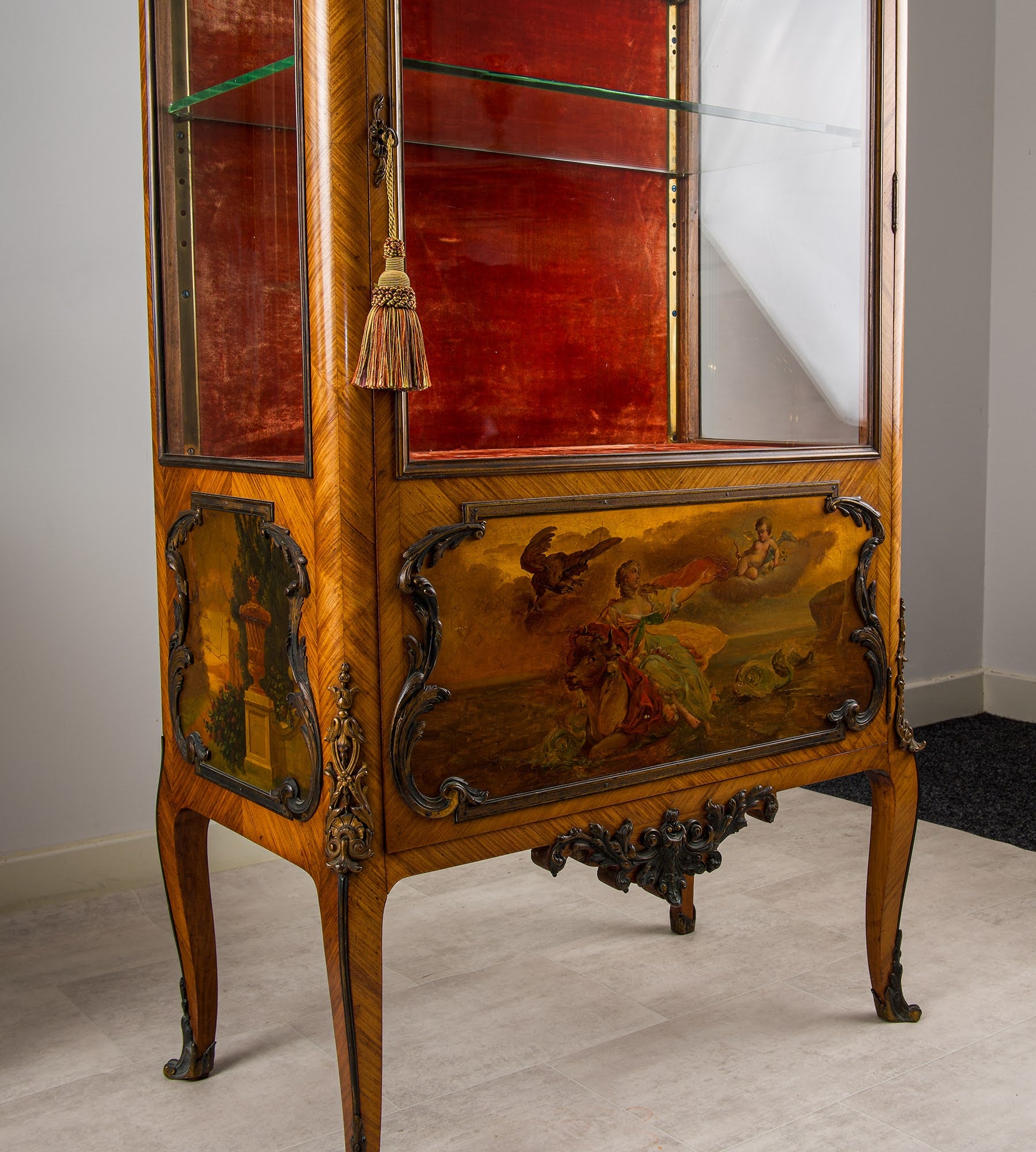 Pair of Matched French Kingwood Vernis Martin Vitrine Cabinets with Marble Tops & Ormolu, c.1880