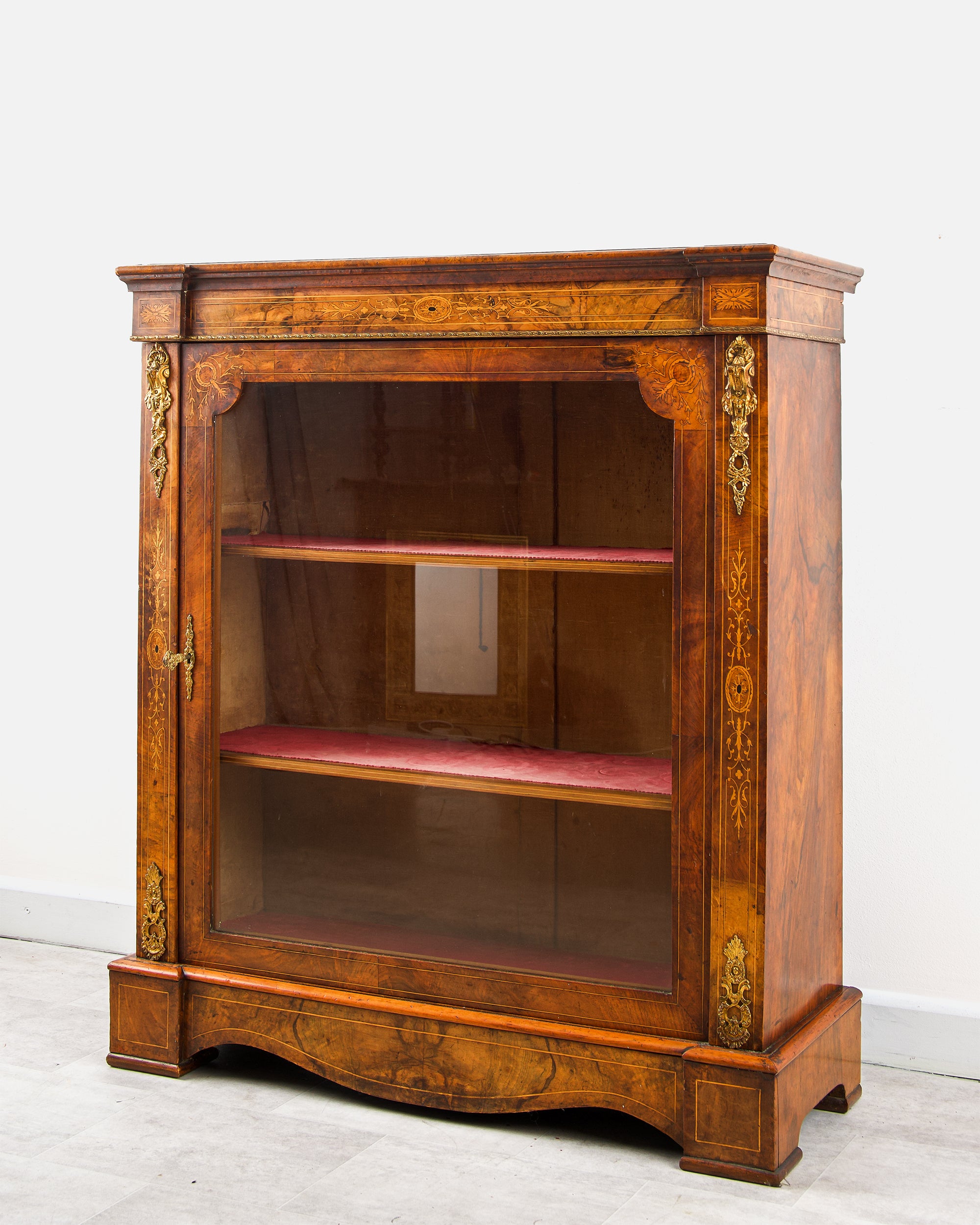Antique Victorian Inlaid Walnut Pier Cabinet With Ormolu Mounts & Glazed Door