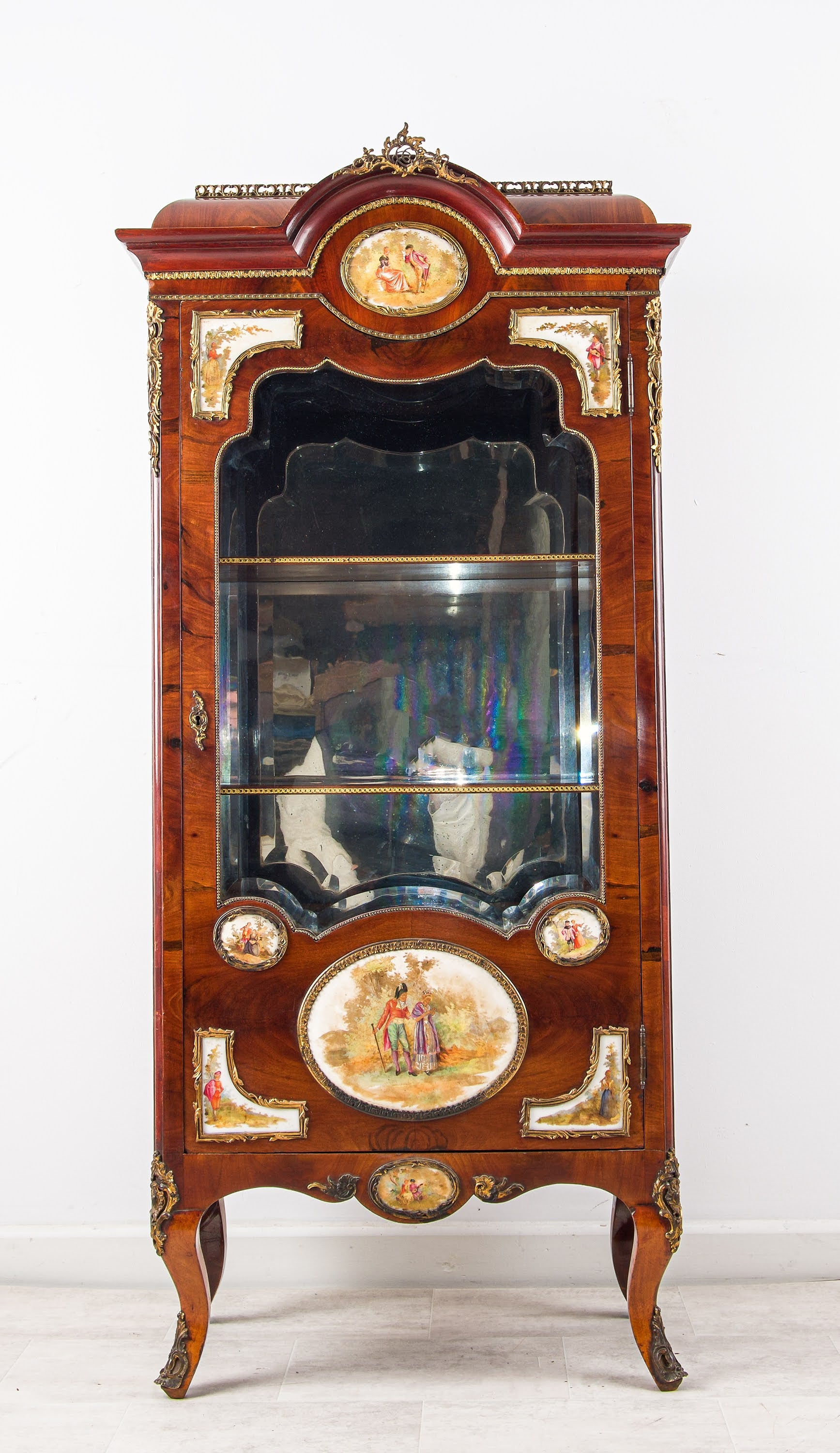 Antique French Walnut Vitrine Cabinet with Porcelain Plaques & Ormolu, c.1910