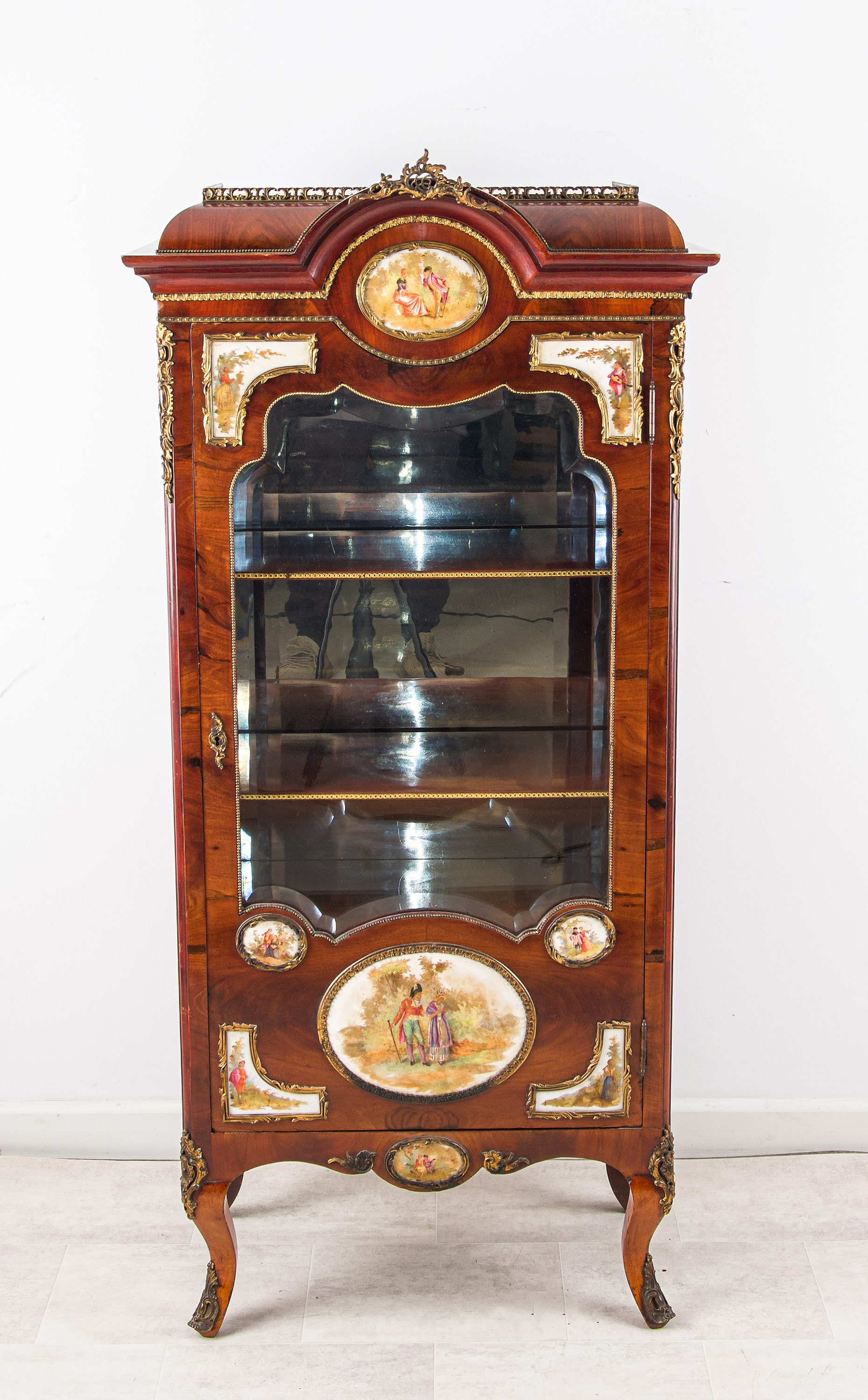 Antique French Walnut Vitrine Cabinet with Porcelain Plaques & Ormolu, c.1910