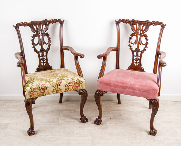 Pair Antique Mahogany Chippendale Style Armchairs - Carved Open Arm Chairs with Claw & B — Hawkins Antiques