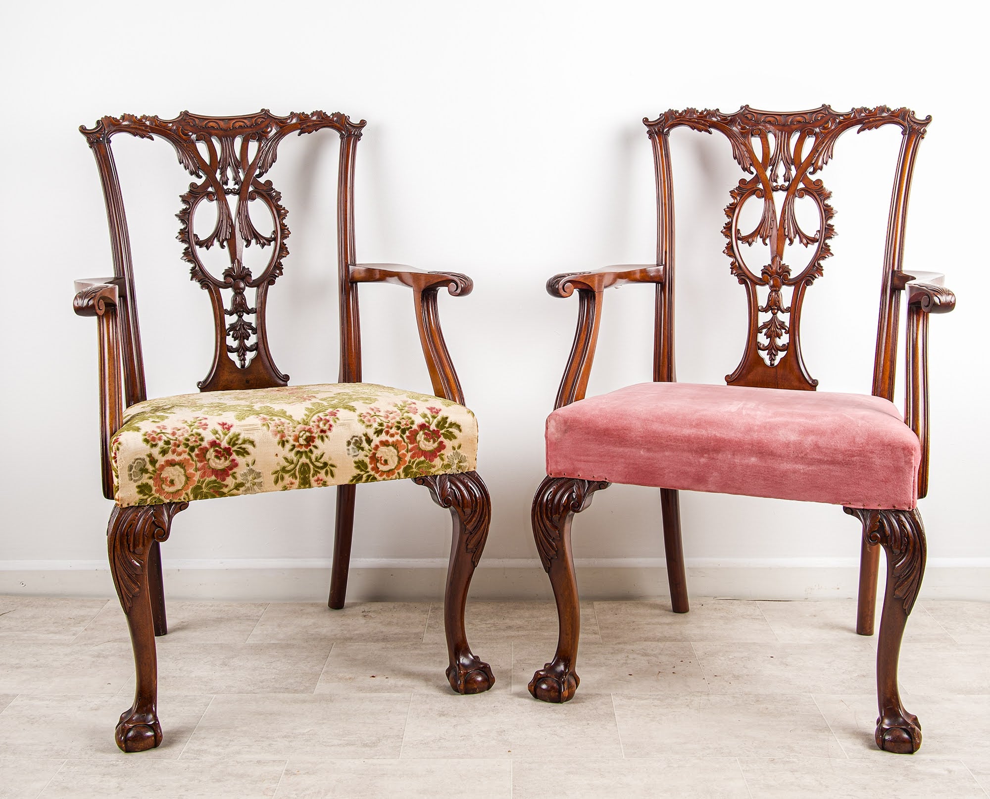 Pair Antique Mahogany Chippendale Style Armchairs - Carved Open Arm Chairs with Claw & Ball Feet c.1900