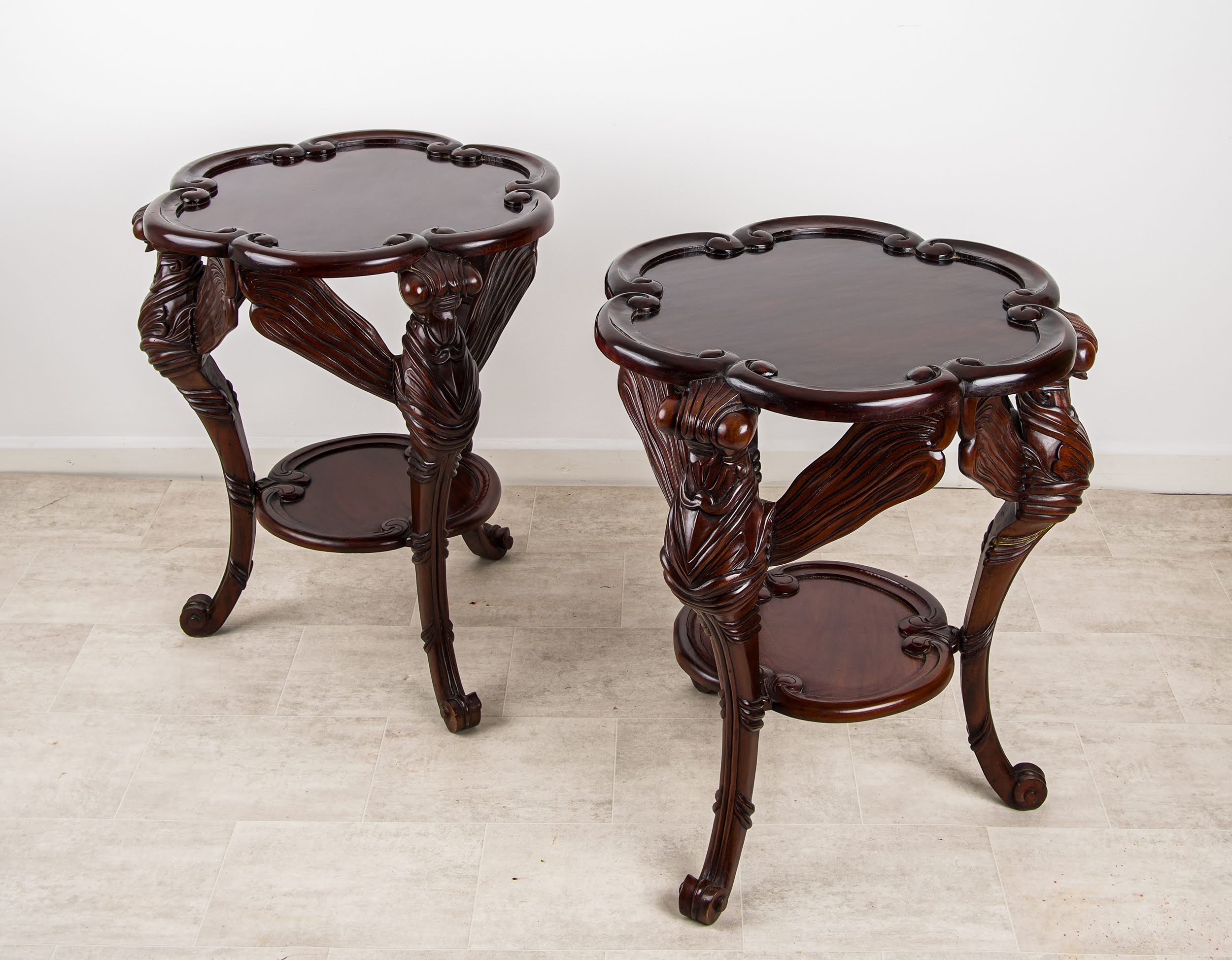 Pair Vintage Carved Mahogany Dragonfly Occasional Tables - Sculptural Figural Side / Lam — Hawkins Antiques