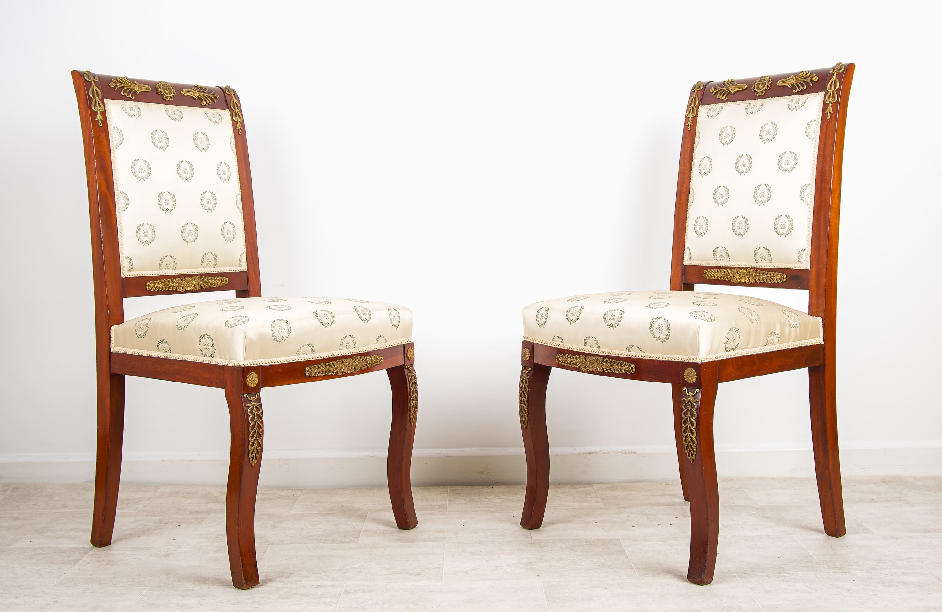 Pair of Antique French Empire Style Mahogany Chairs with Ormolu Mounts Upholstered Seats