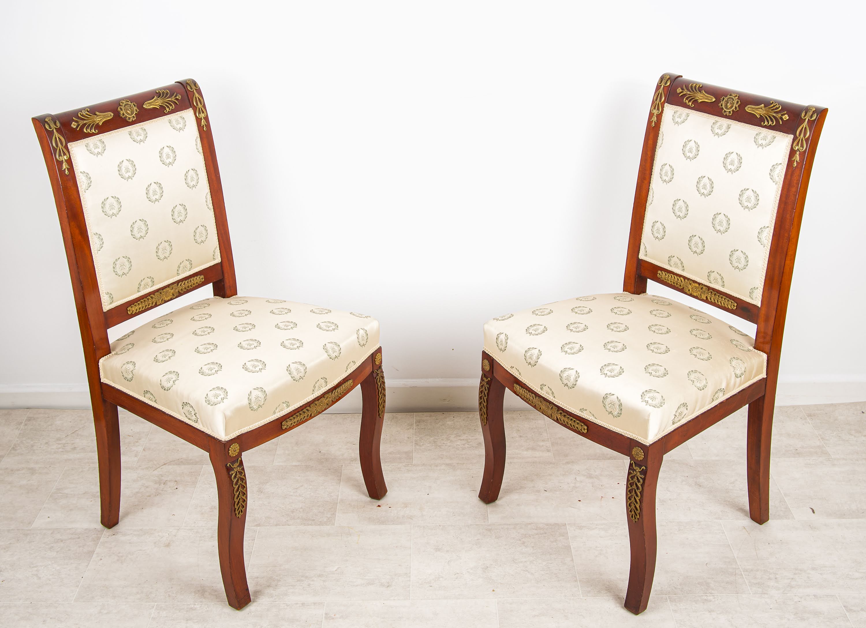 Pair of Antique French Empire Style Mahogany Chairs with Ormolu Mounts Upholstered Seats