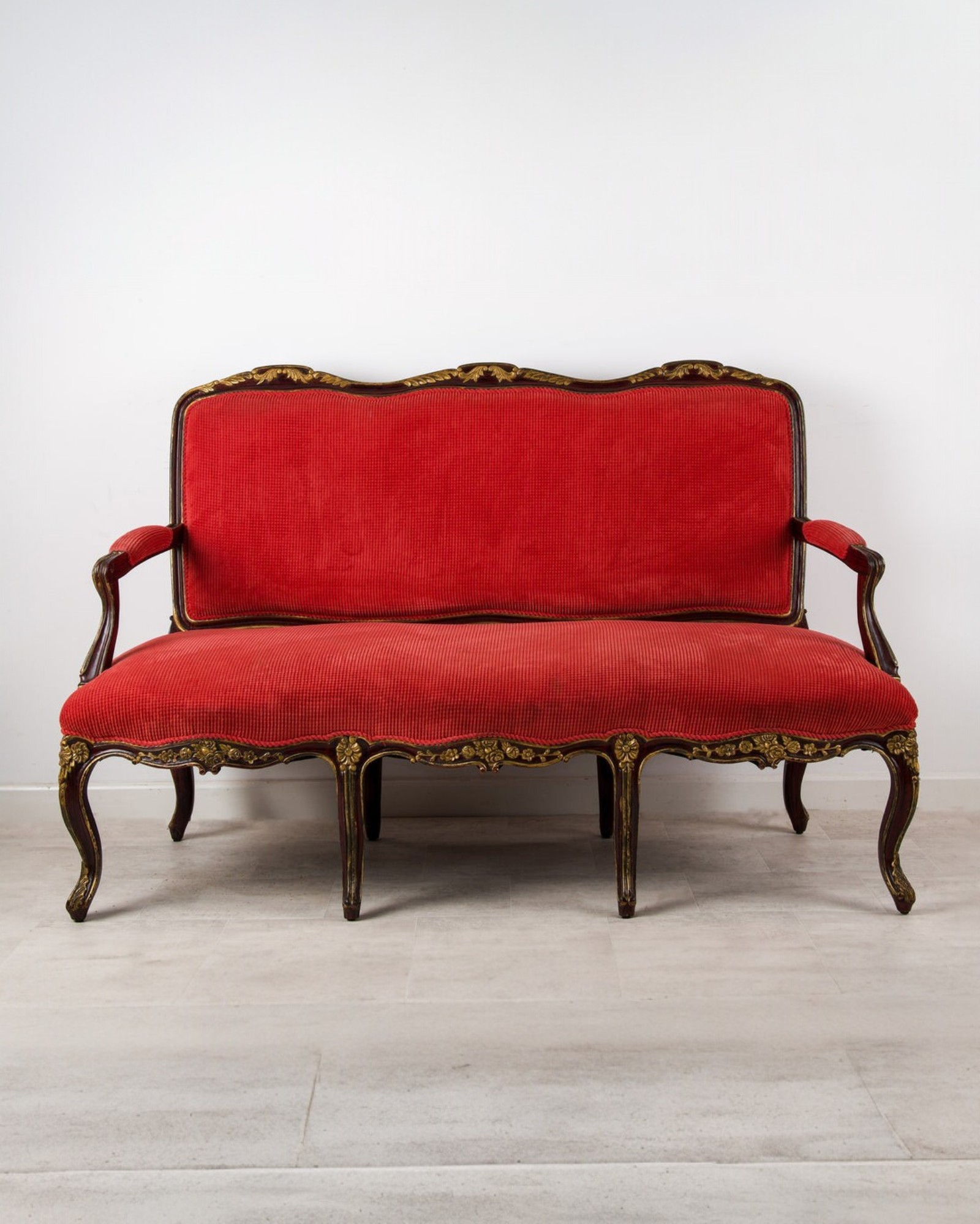1920s Faux Rosewood & Gilt Painted Settee - Red Upholstery, Louis Revival Style — Hawkins Antiques, Barry, South Wales