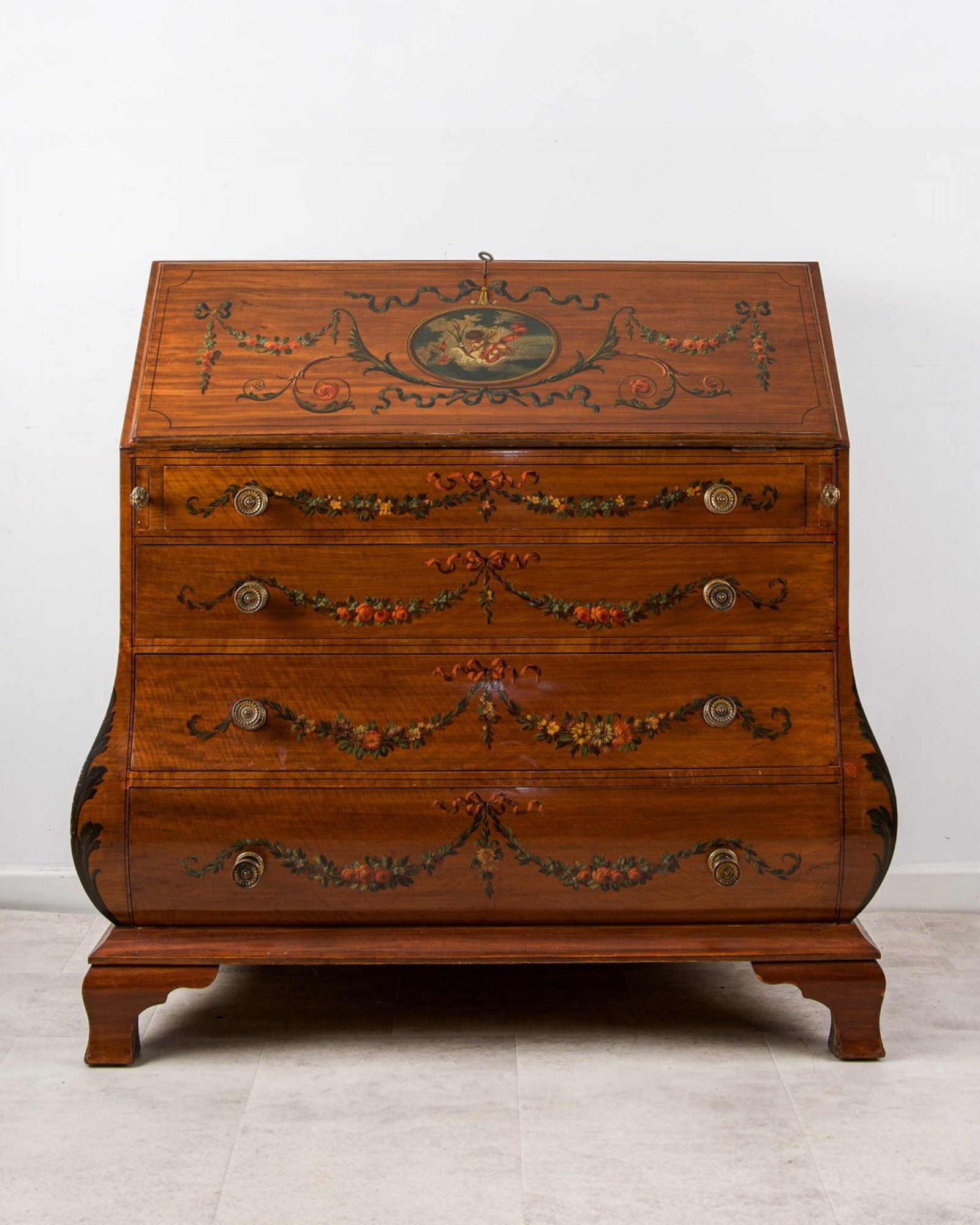 Antique Satinwood Painted Bureau Chest with Floral Decoration, c.1900 — Hawkins Antiques, Barry, South Wales