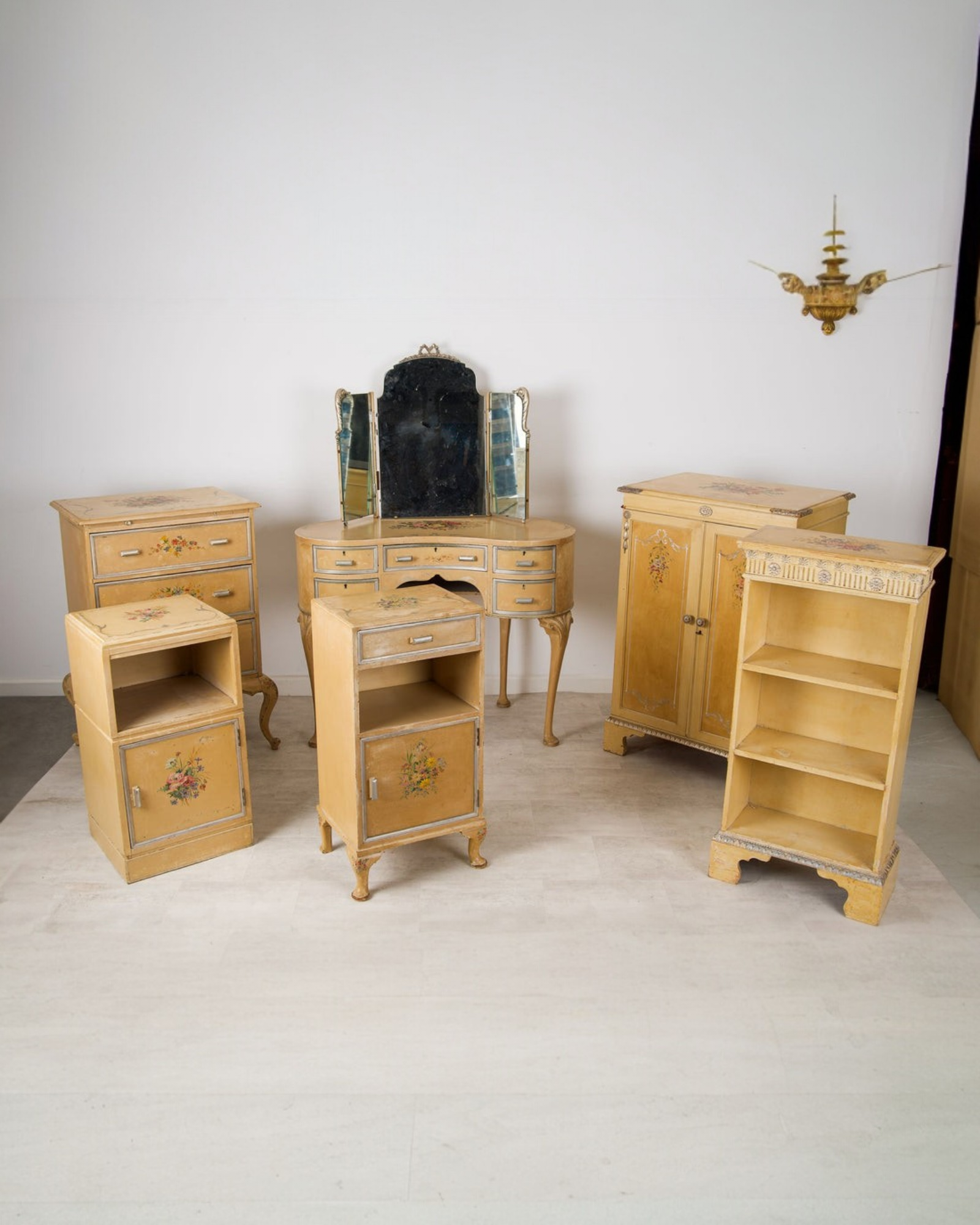 1920s Shabby Chic Painted Bedroom Suite with Vanity, Mirrors & Cabinets — Hawkins Antiques, Barry, South Wales