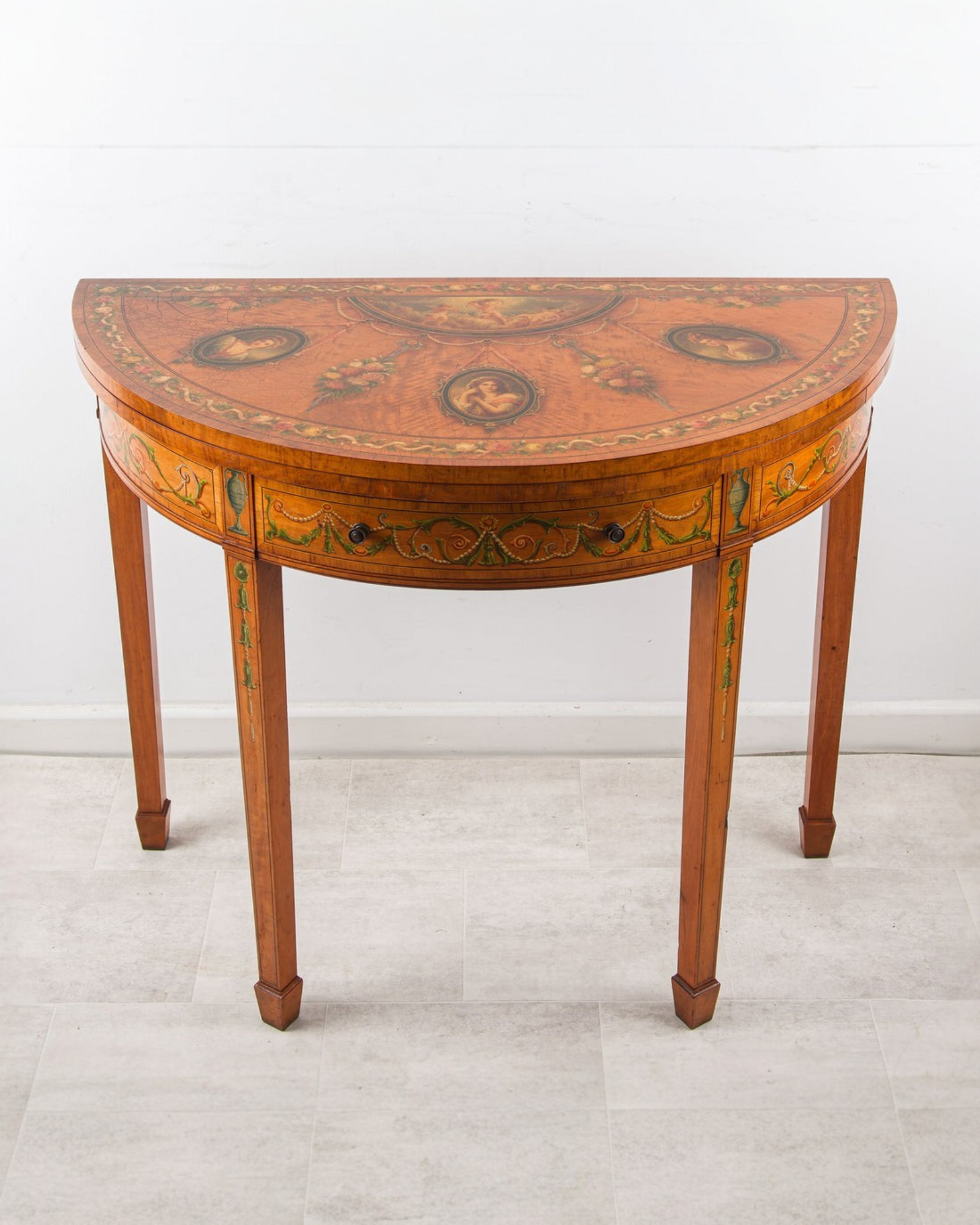Fine Antique Satinwood Painted Demi-Lune Games / Card Table with Portrait Medallions - 1 — Hawkins Antiques
