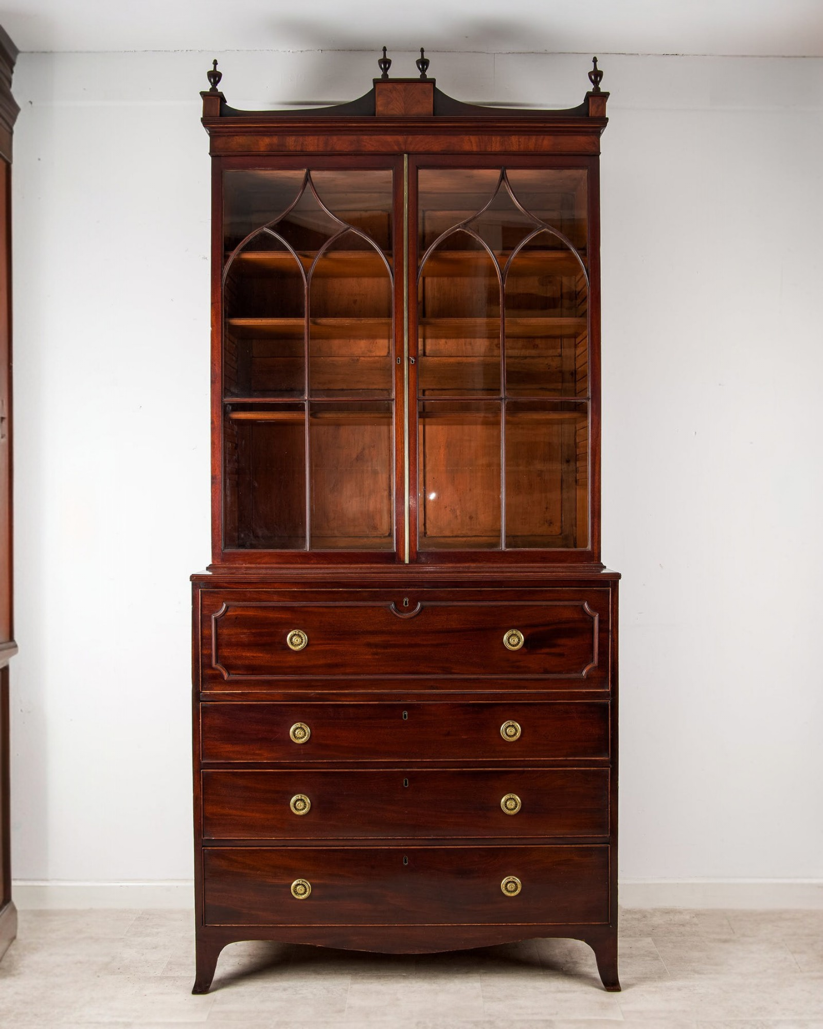 Fine Georgian Mahogany Secretaire Bookcase with Gothic Glazed Doors, c.1830 — Hawkins Antiques, Barry, South Wales