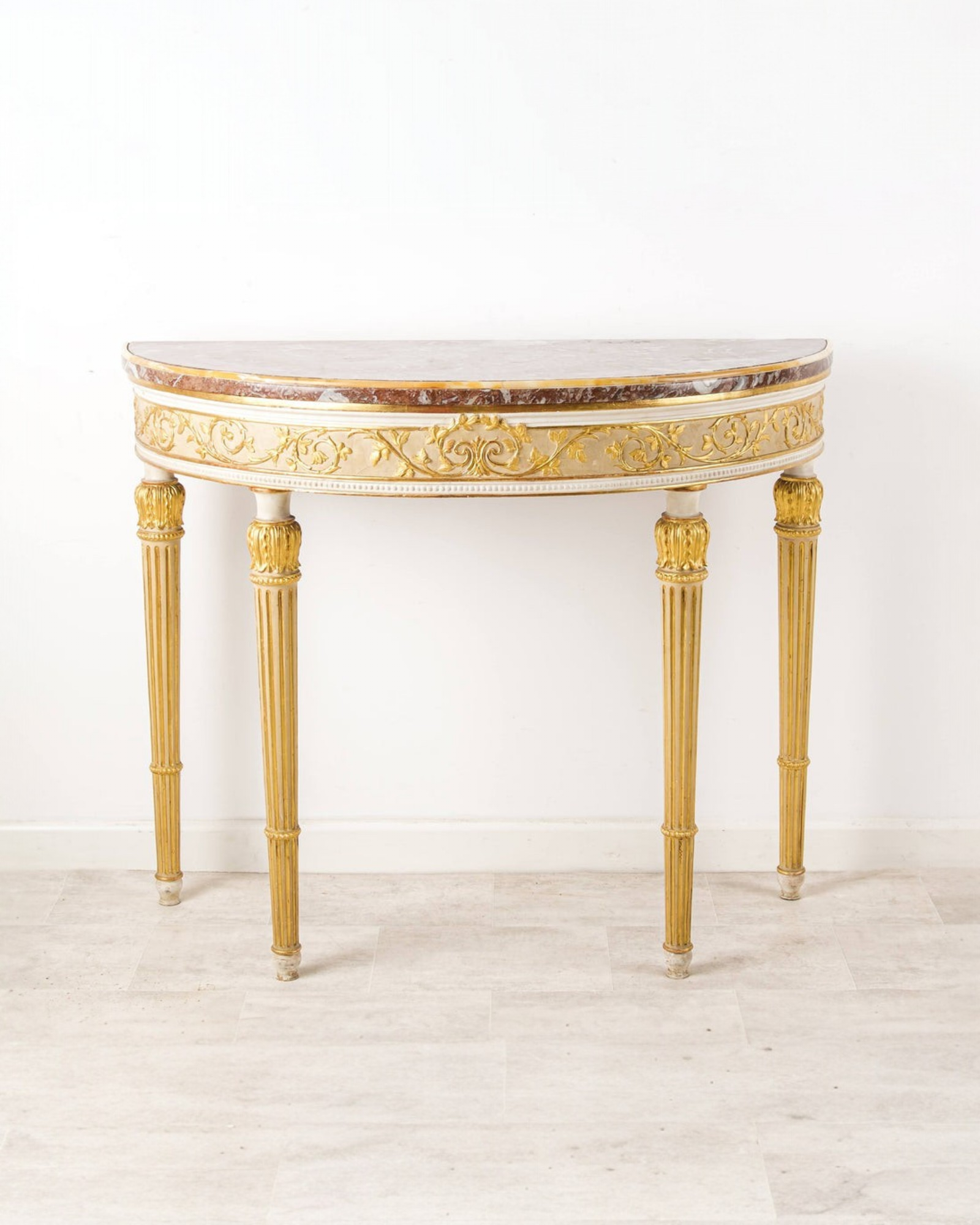 Antique Georgian Style Demi-Lune Console Table with Rouge Marble Top, White & Gilt - Cir — Hawkins Antiques