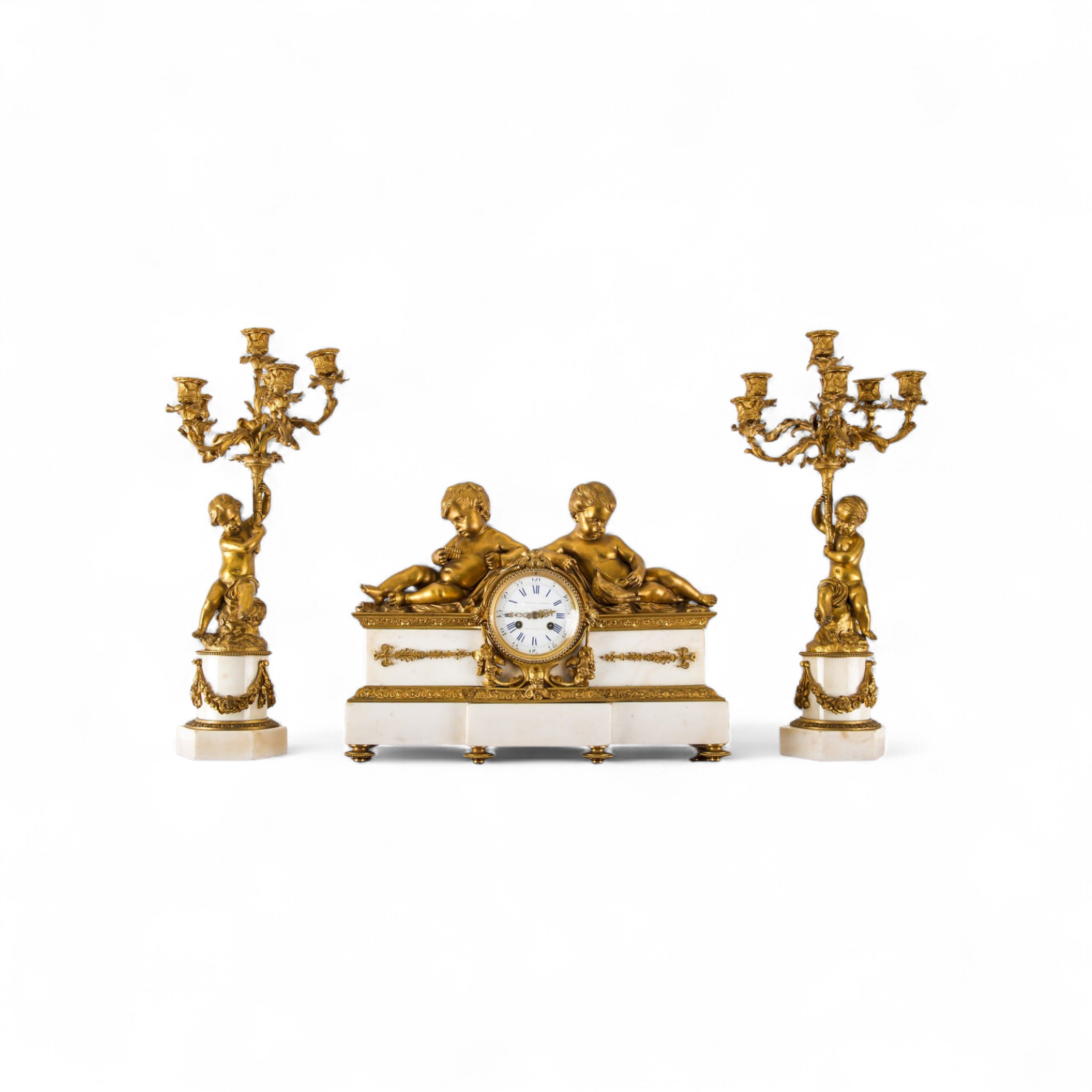 Fine 19th Century French Ormolu & White Marble Clock Garniture with Cherubs — Hawkins Antiques, Barry, South Wales