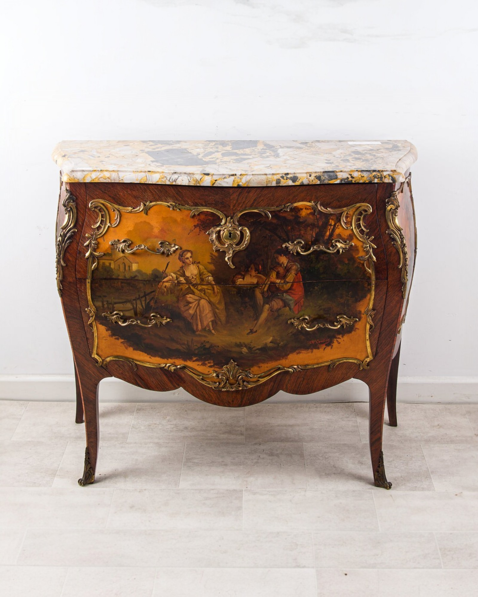 French Vernis Martin Commode / Chest Of Drawers With Ormolu & Marble Top, C.1900 — Hawkins Antiques, Barry, South Wales