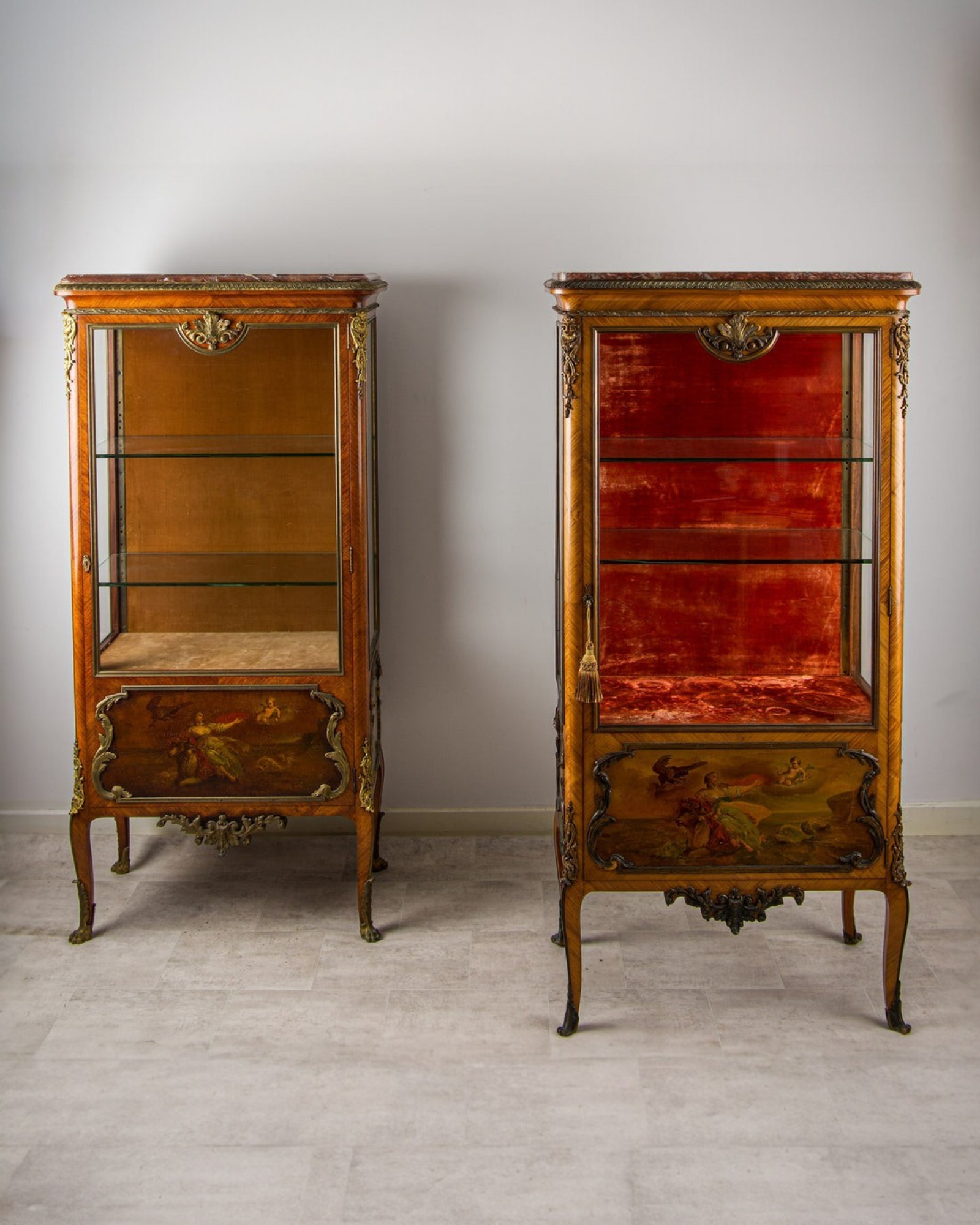 Pair of Matched French Kingwood Vernis Martin Vitrine Cabinets with Marble Tops & Ormolu — Hawkins Antiques