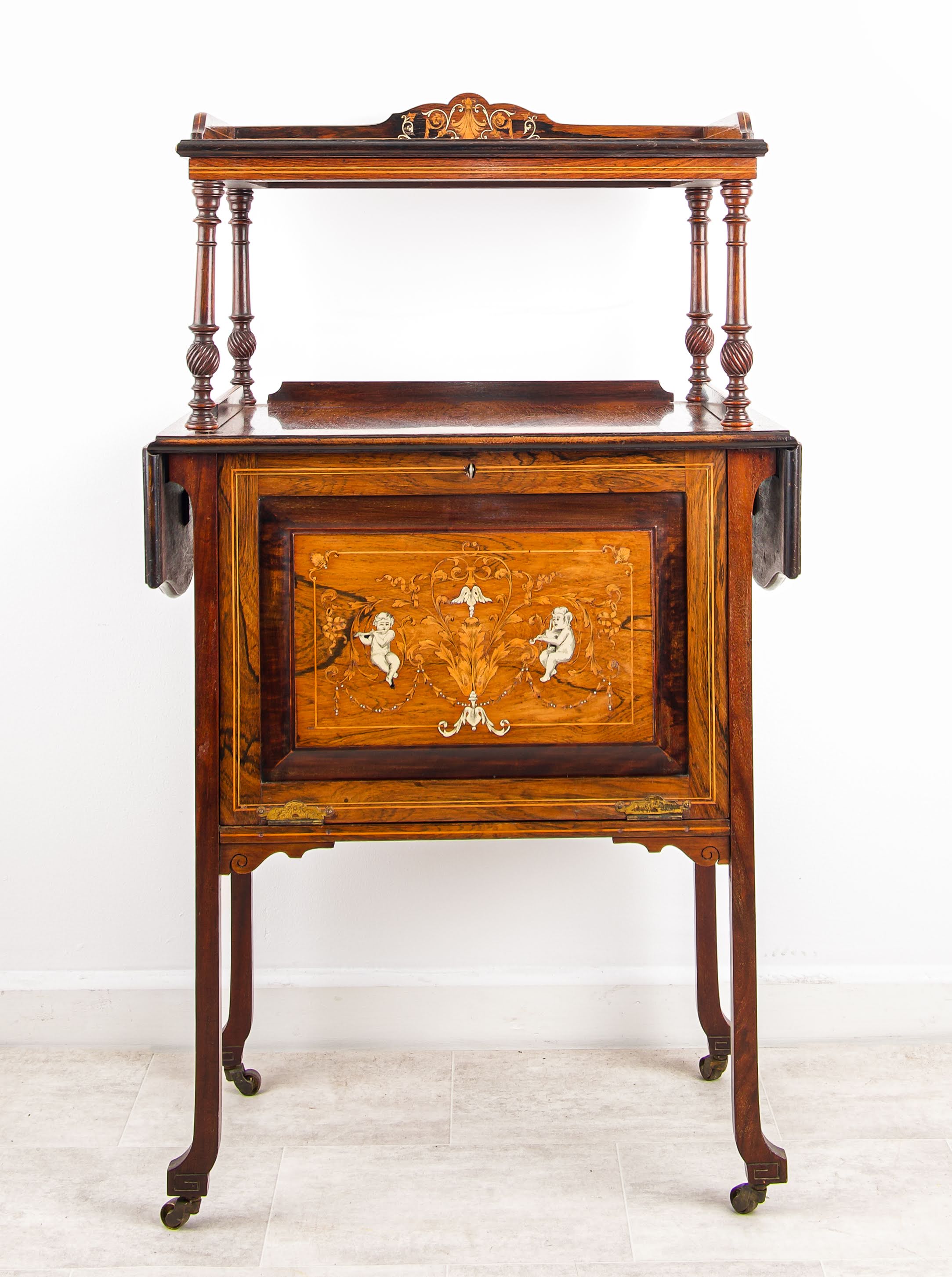 Antique Rosewood Drinks Cabinet Cocktail Cabinet With Marquetry Panel & Serving Gallery