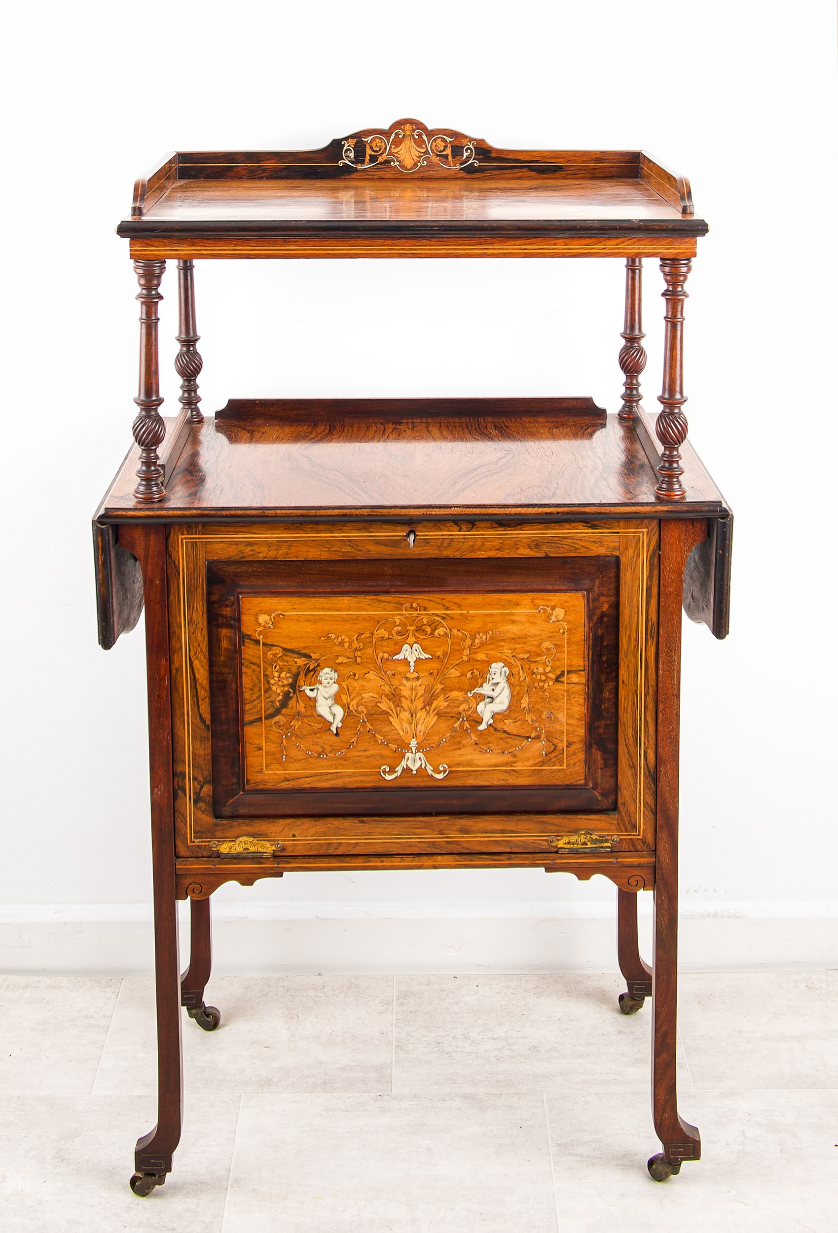 Antique Rosewood Drinks Cabinet Cocktail Cabinet With Marquetry Panel & Serving Gallery