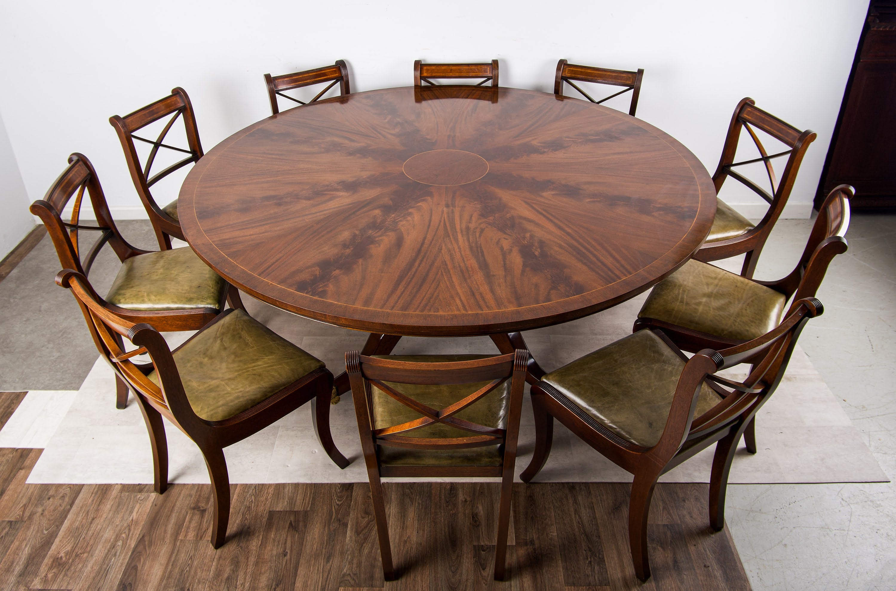 Exceptional Large Regency-Style Circular Flame Mahogany Dining Table & Set of Ten Chairs