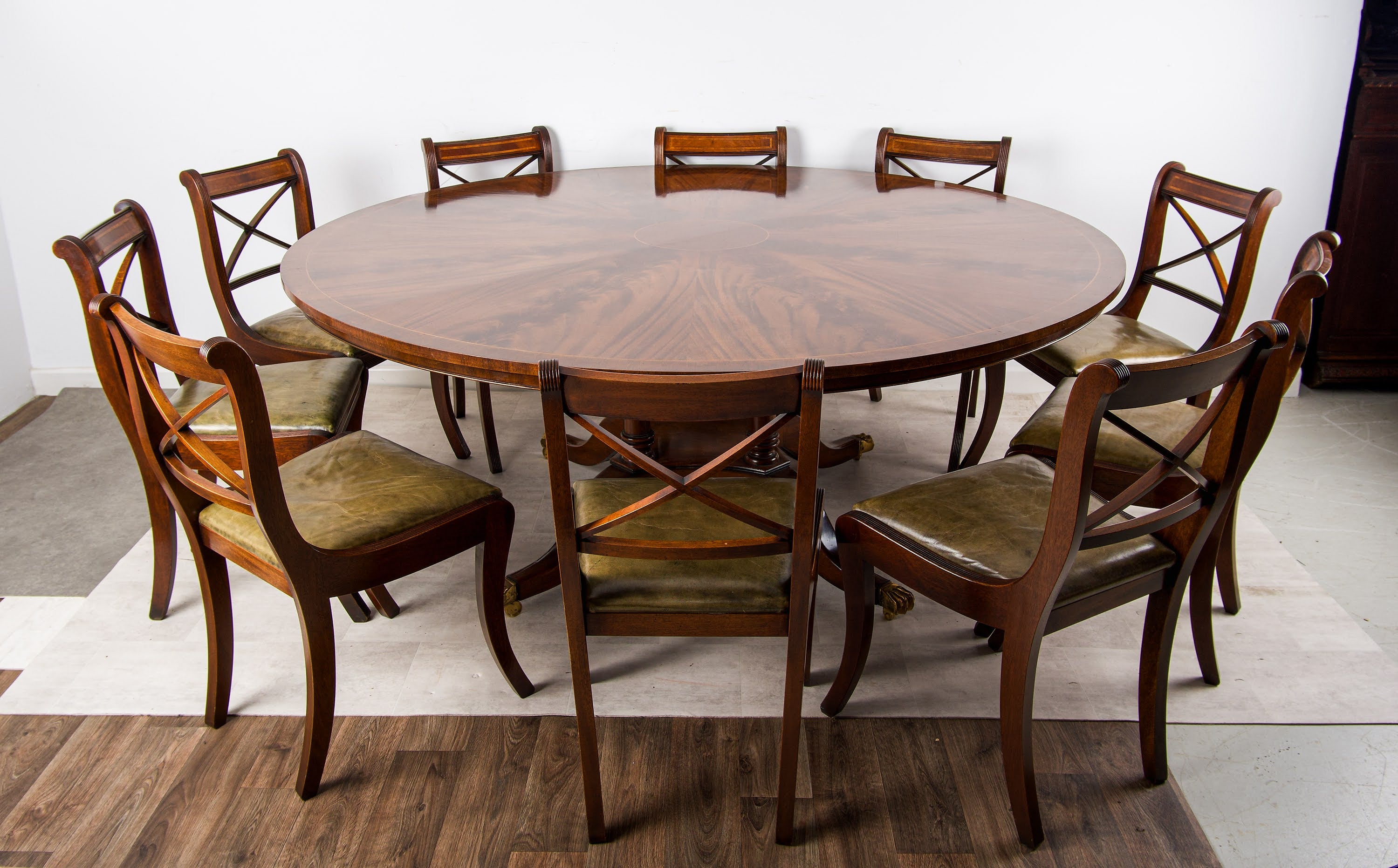 Exceptional Large Regency-Style Circular Flame Mahogany Dining Table & Set of Ten Chairs