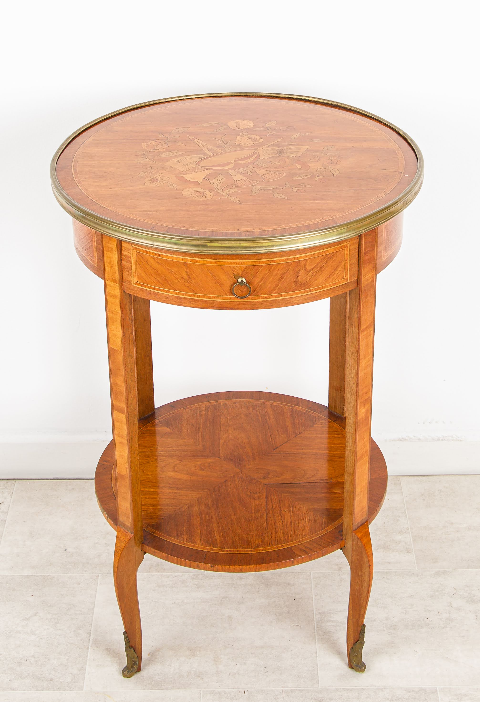Antique French Inlaid Round Side Table with Drawer & Brass Gallery - Occasional / Lamp Table