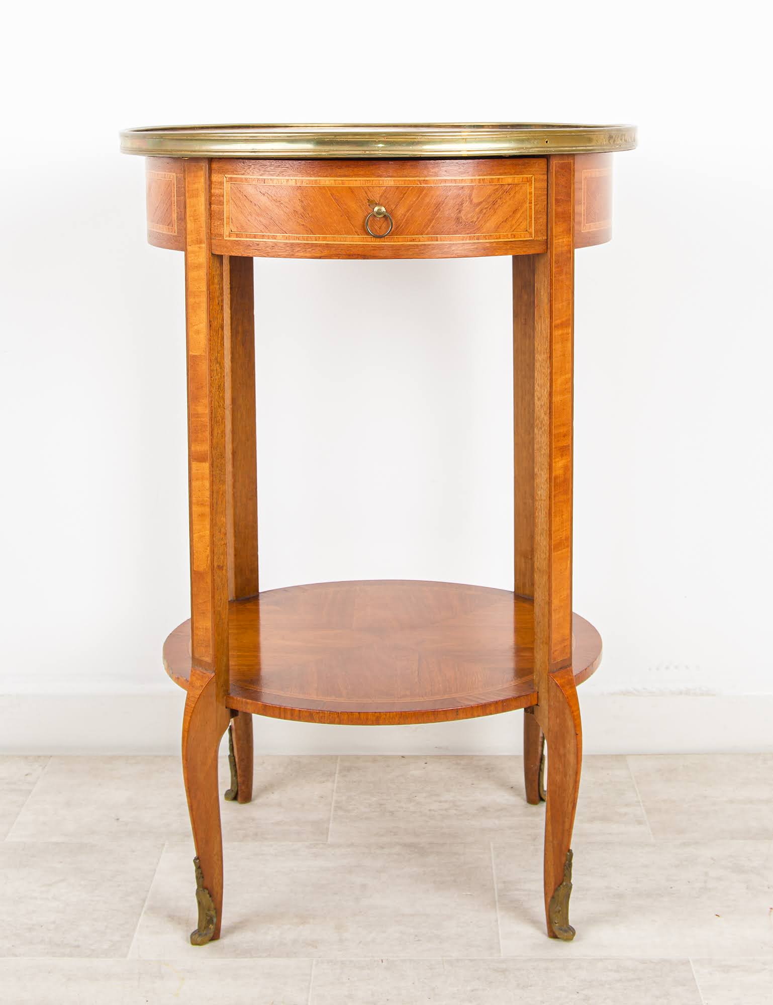 Antique French Inlaid Round Side Table with Drawer & Brass Gallery - Occasional / Lamp Table