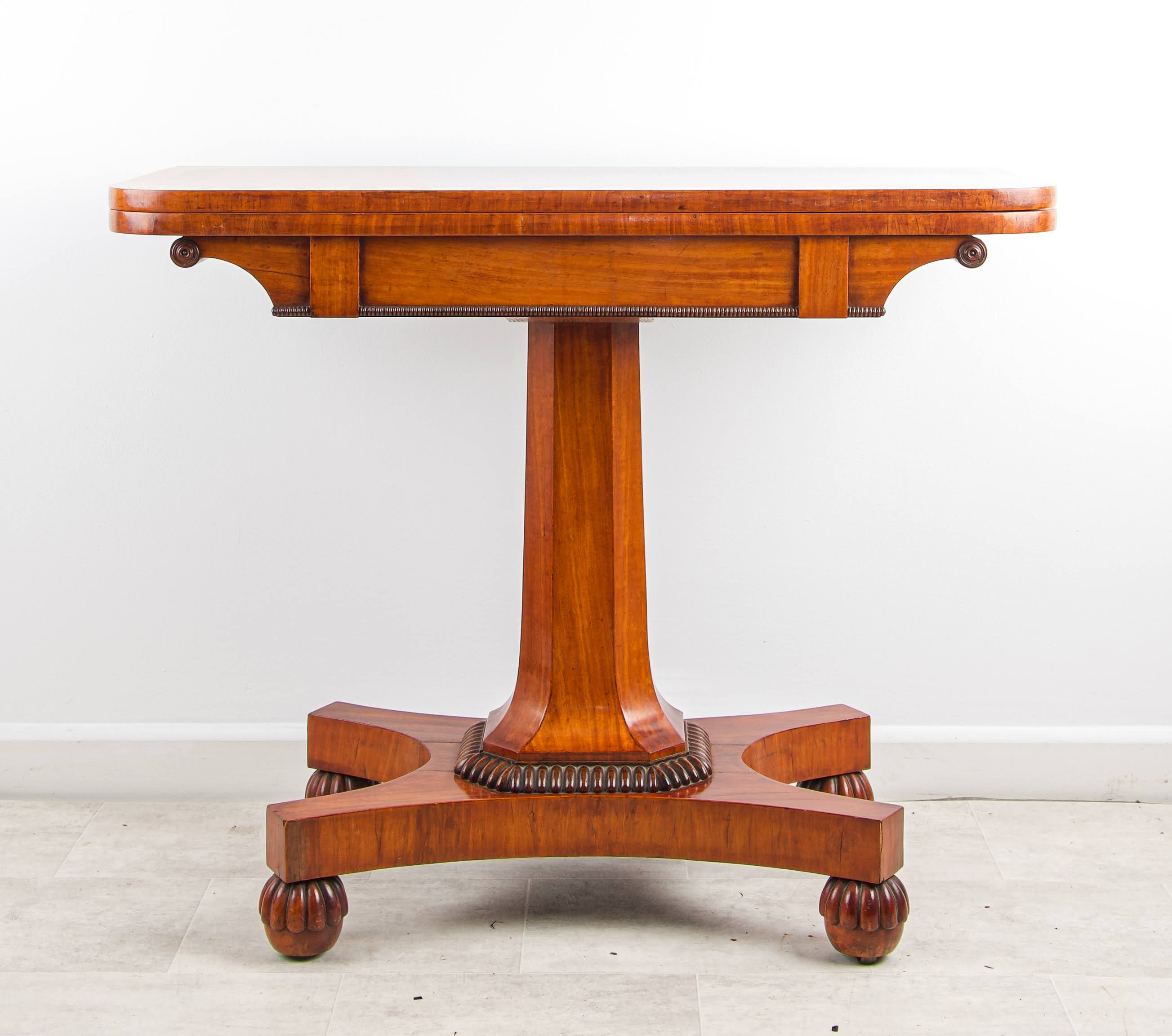 Antique Regency Satinwood & Mahogany Card Table - West Indian Satinwood Games Table on Pedestal Base c.1820