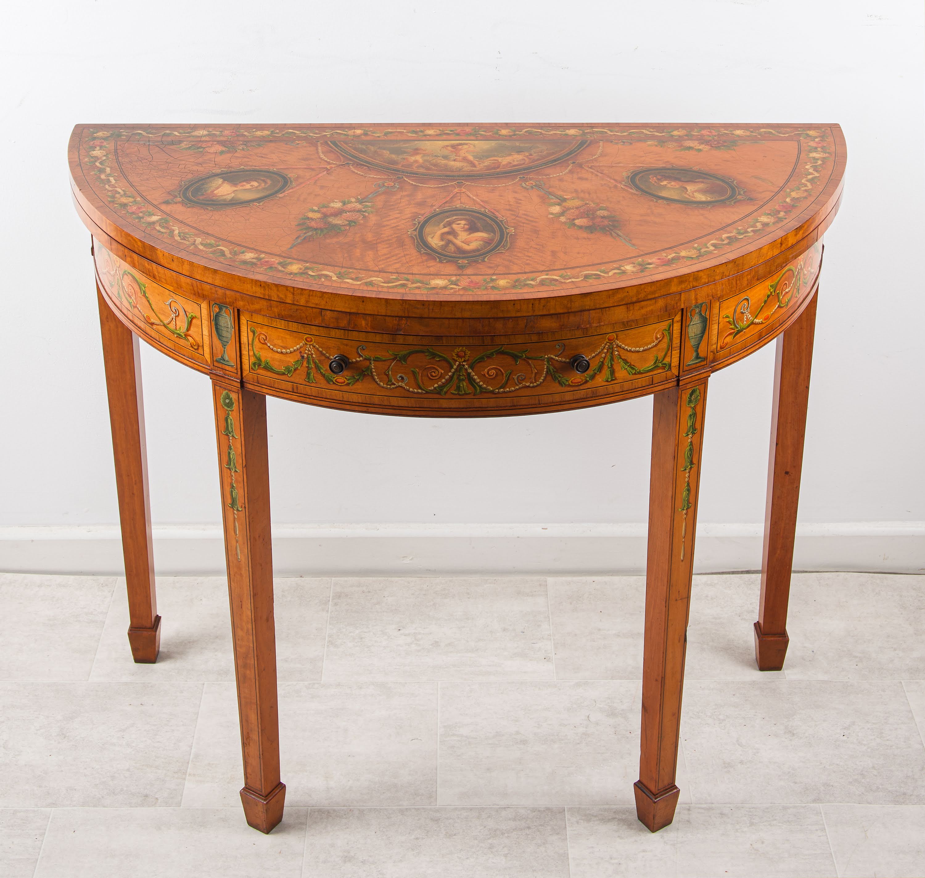 Fine Antique Satinwood Painted Demi-Lune Games / Card Table with Portrait Medallions - 19th Century