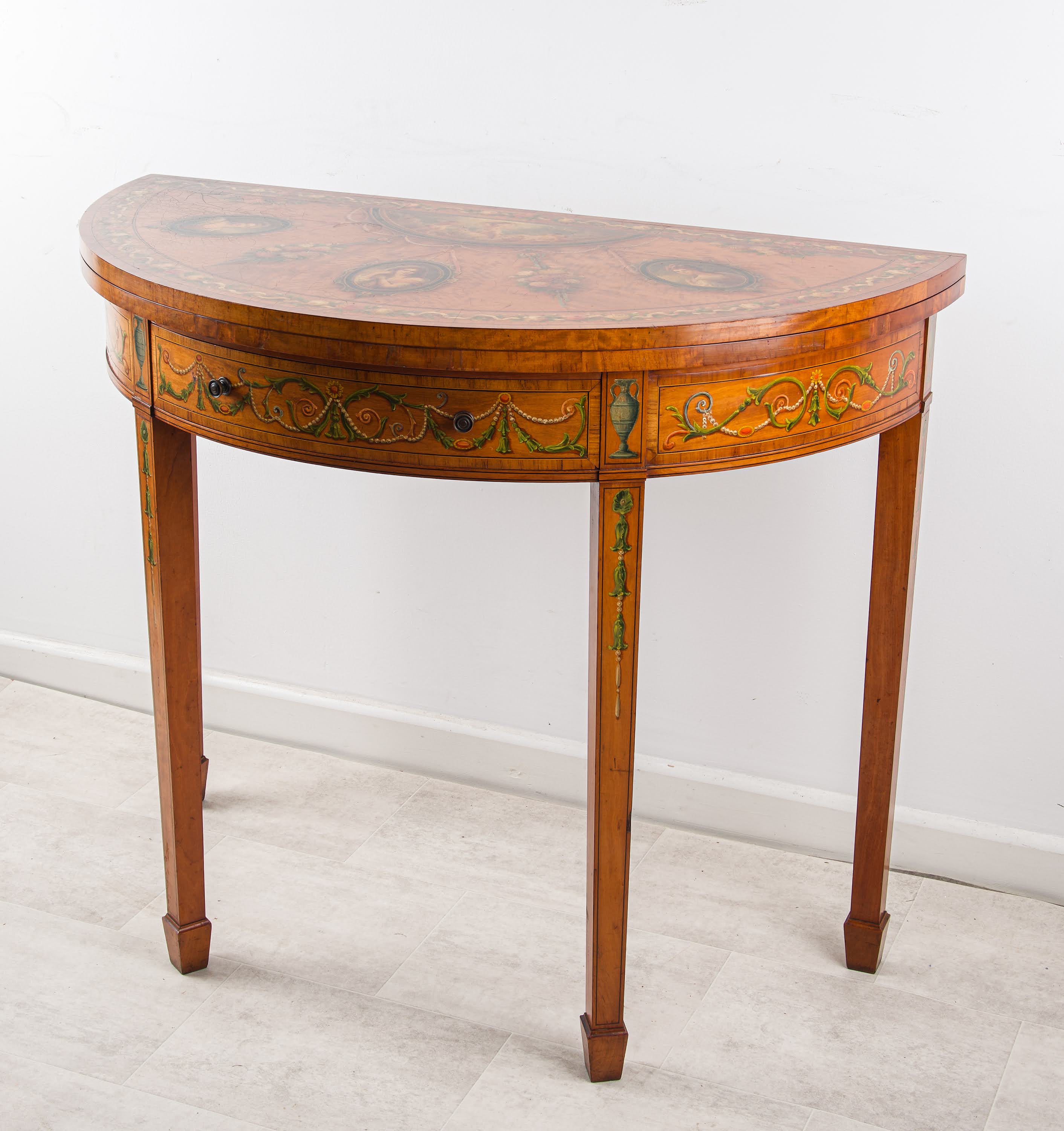 Fine Antique Satinwood Painted Demi-Lune Games / Card Table with Portrait Medallions - 19th Century