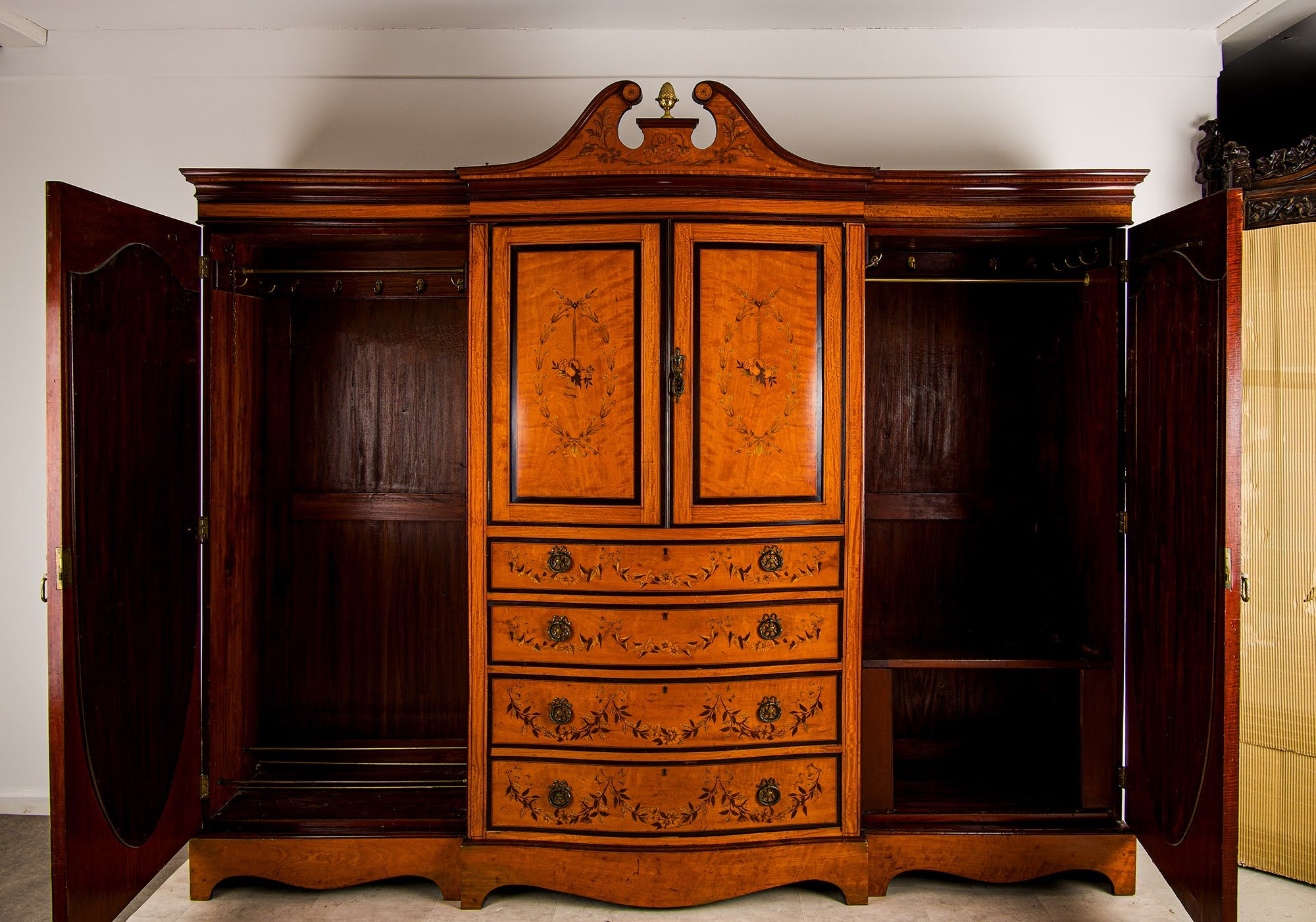 Antique Satinwood Inlaid Wardrobe / Compactum With Mirrored Doors & Drawers, Maple & Co Depository Label