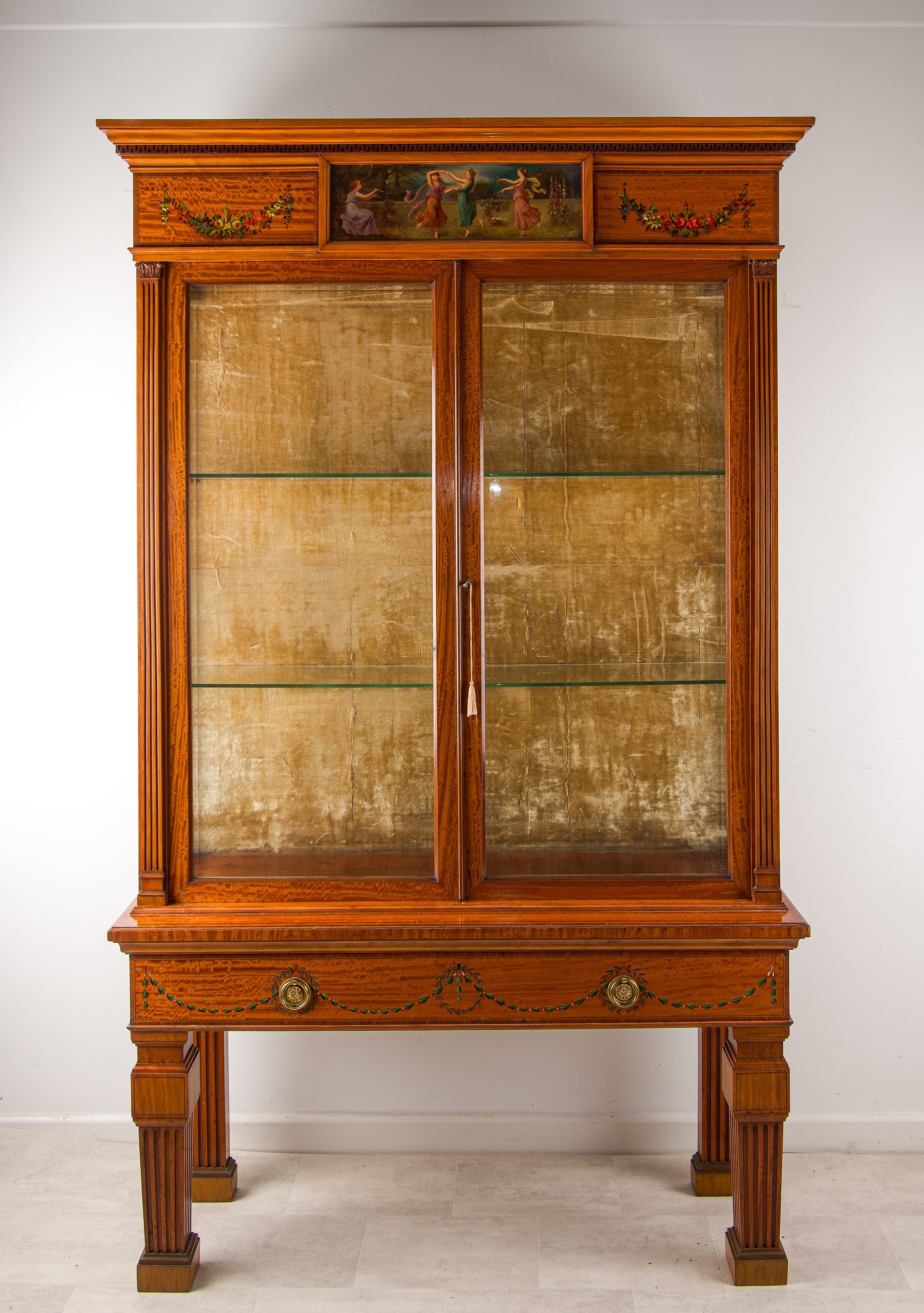 Antique Edwardian Satinwood Painted Display Cabinet on Stand - Hampton & Sons London c.1900