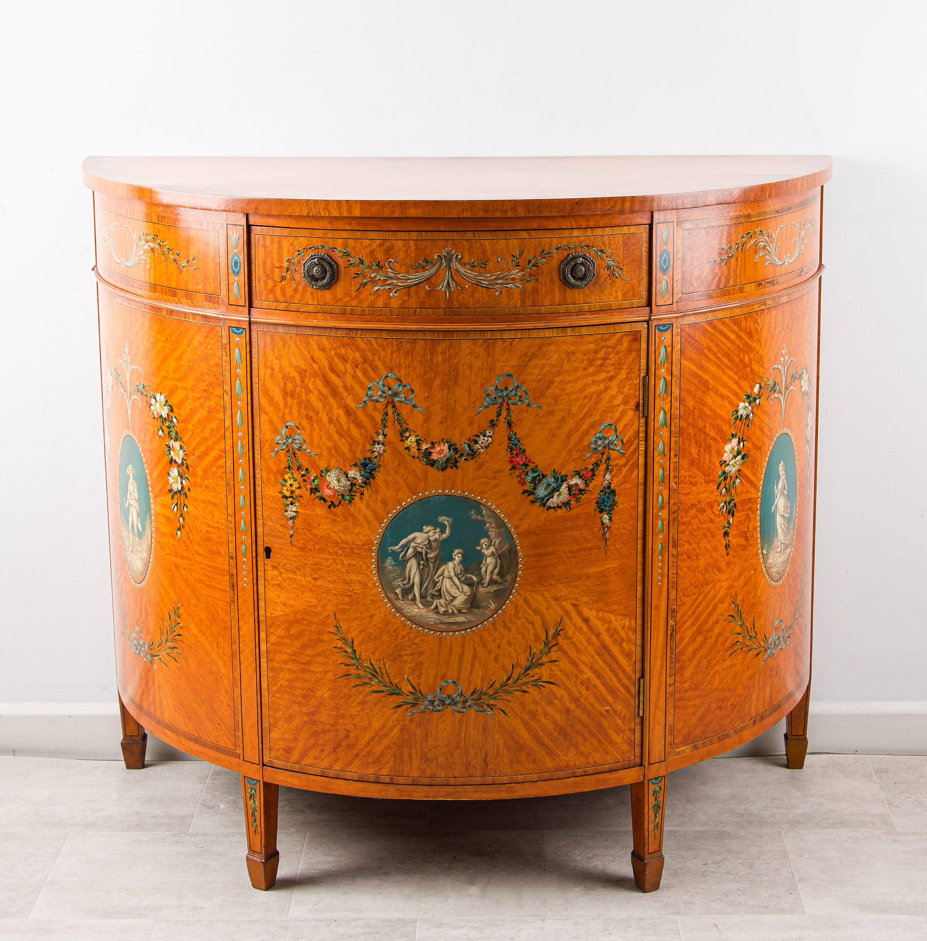 Antique Satinwood Painted Demi-Lune Commode with Classical Panels, English, c.1900