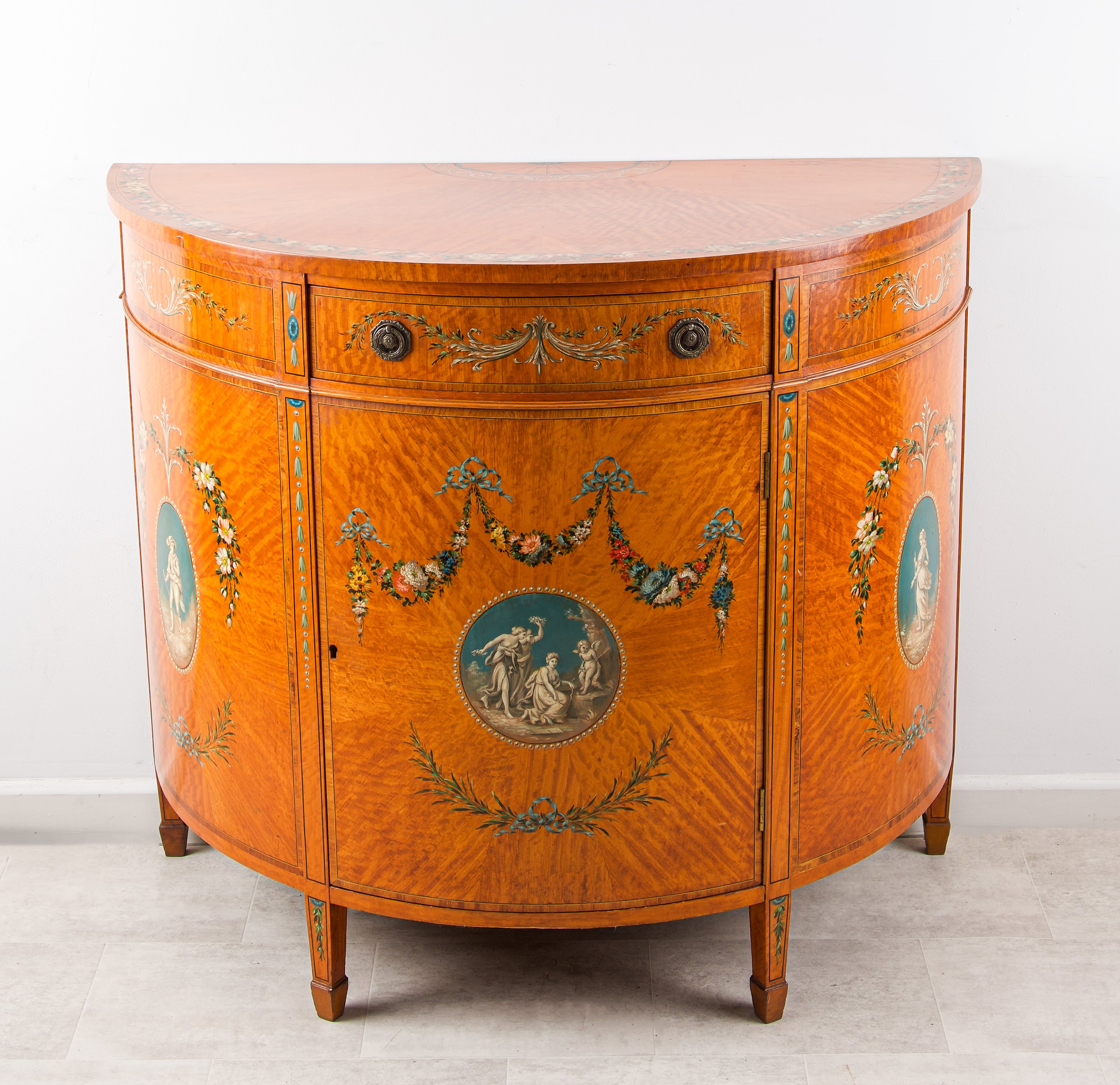 Antique Satinwood Painted Demi-Lune Commode with Classical Panels, English, c.1900