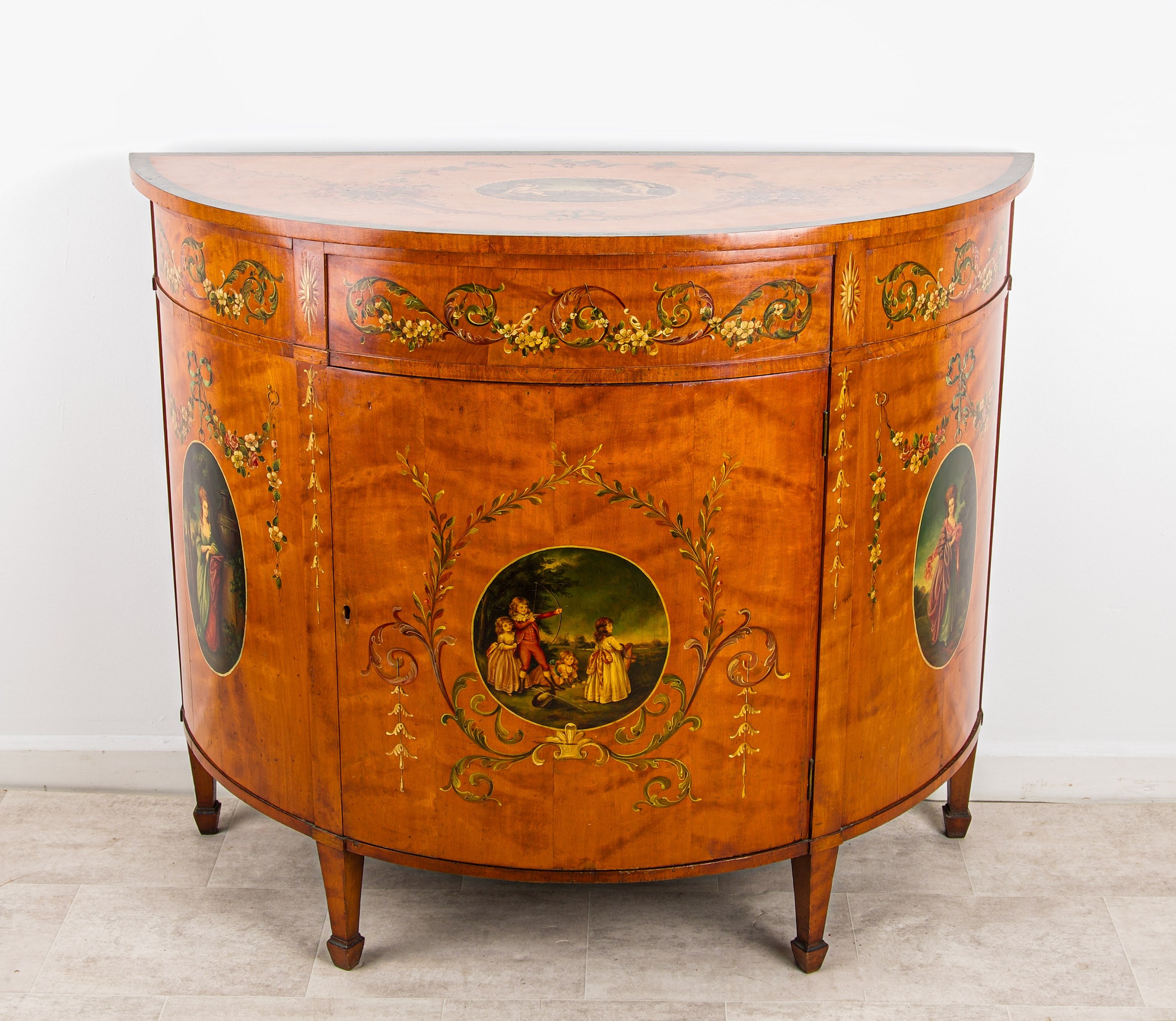 Antique Satinwood Painted Demi-Lune Commode / Side Cabinet – Sheraton Revival, C.1900
