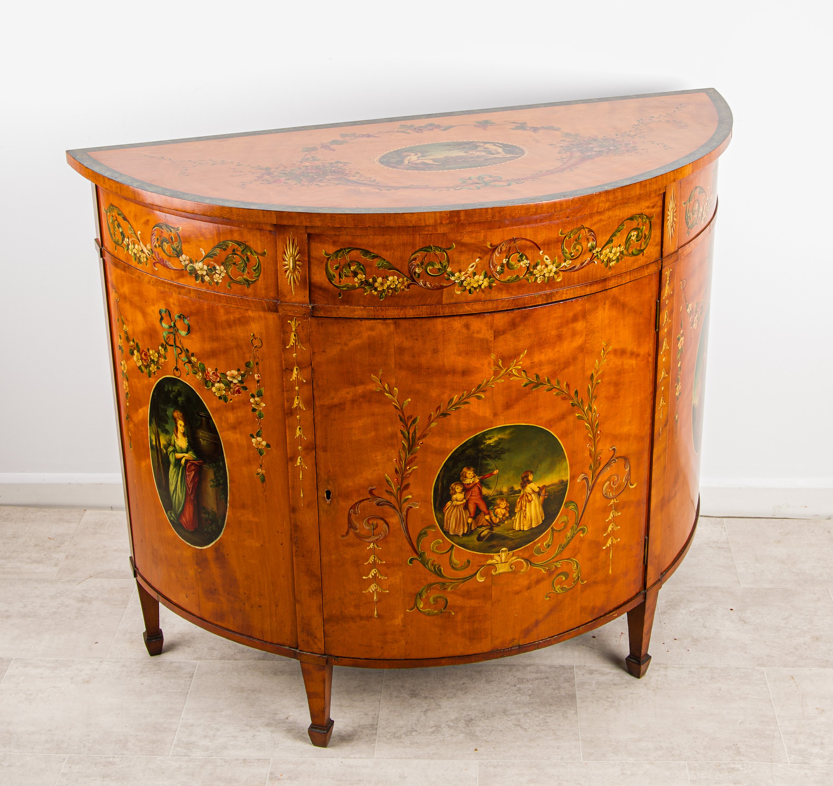 Antique Satinwood Painted Demi-Lune Commode / Side Cabinet – Sheraton Revival, C.1900