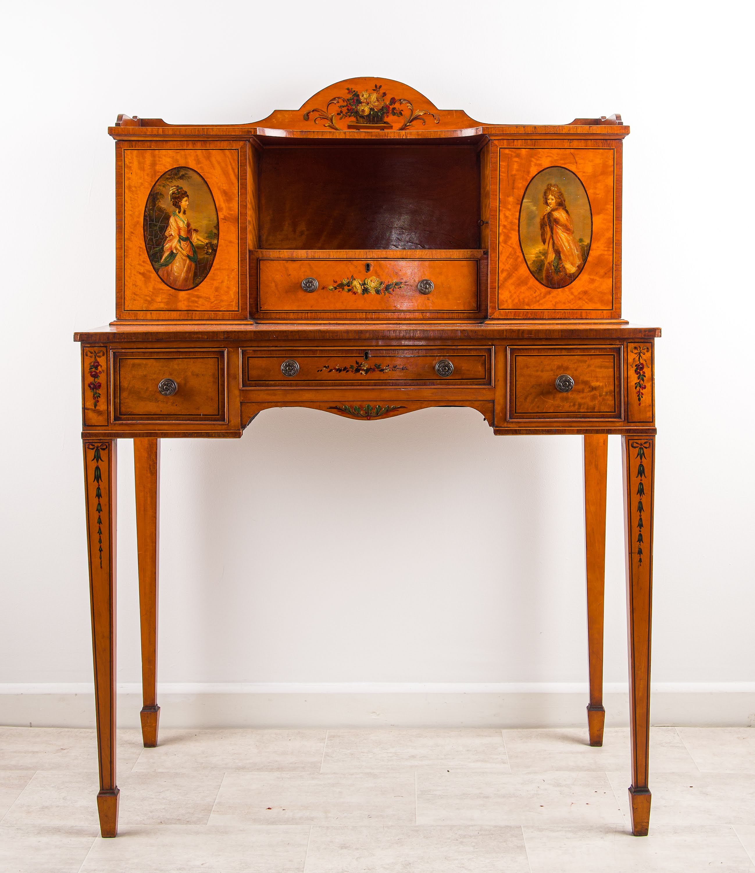 Fine Edwardian Satinwood Hand-Painted Writing Desk, Circa 1900