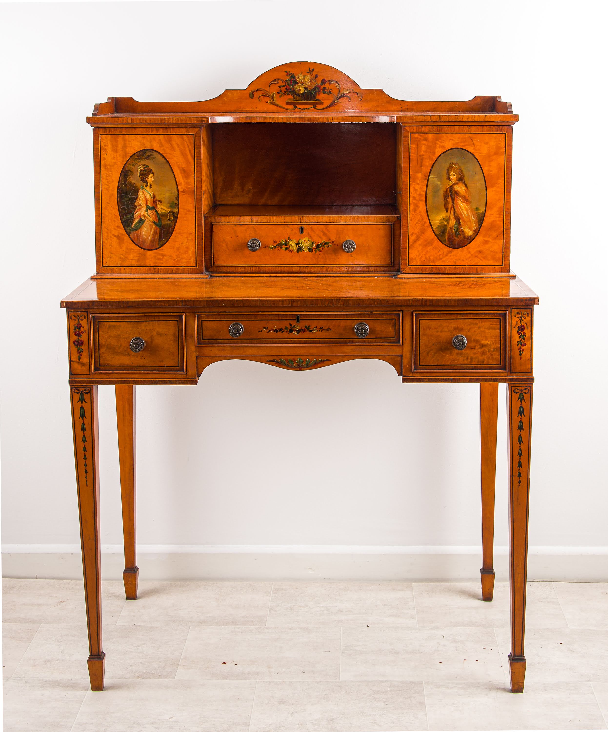 Fine Edwardian Satinwood Hand-Painted Writing Desk, Circa 1900